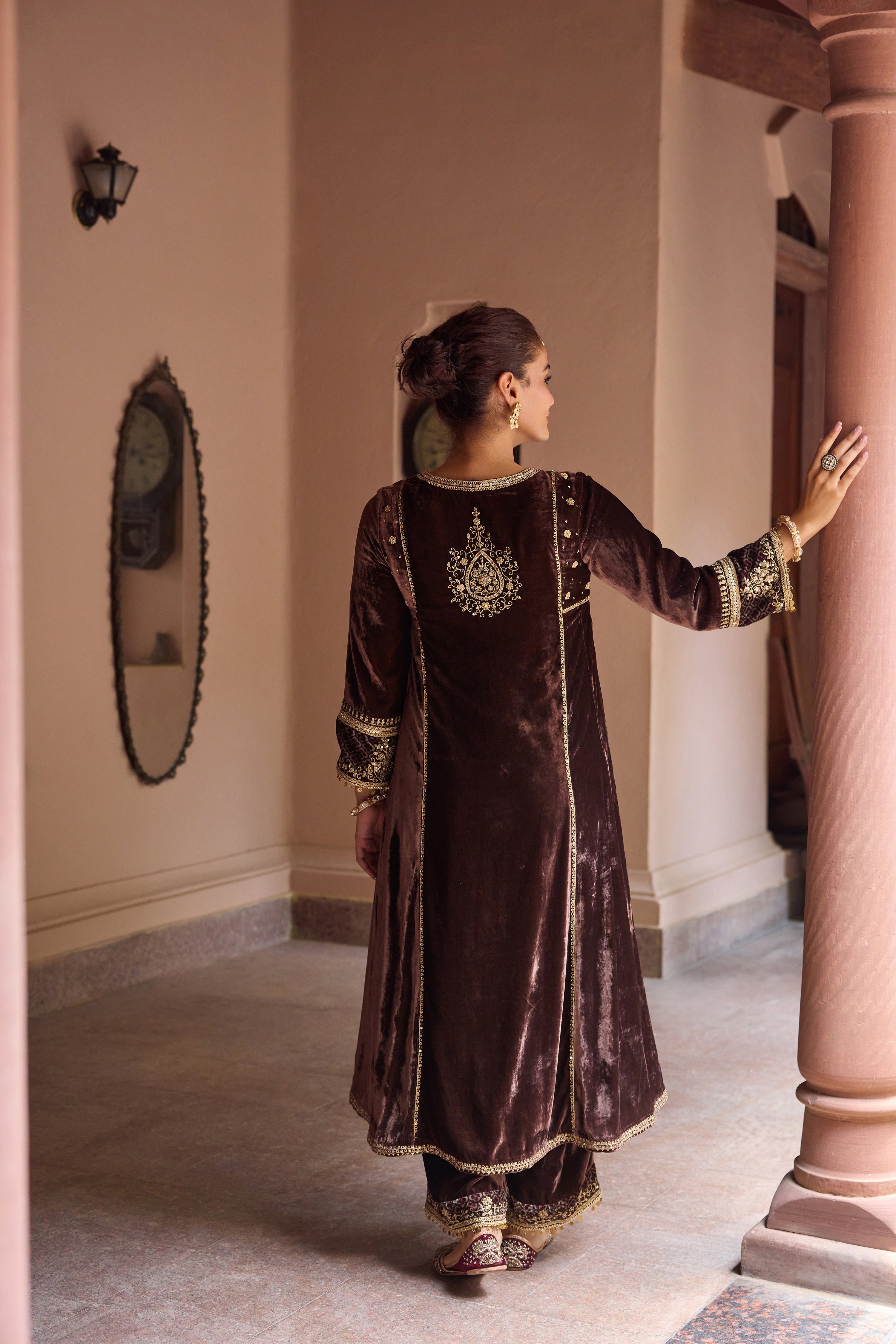 Ziyana Mocha Mousse Embroidered Silk Velvet A-Line Kurta Set (READY TO SHIP)