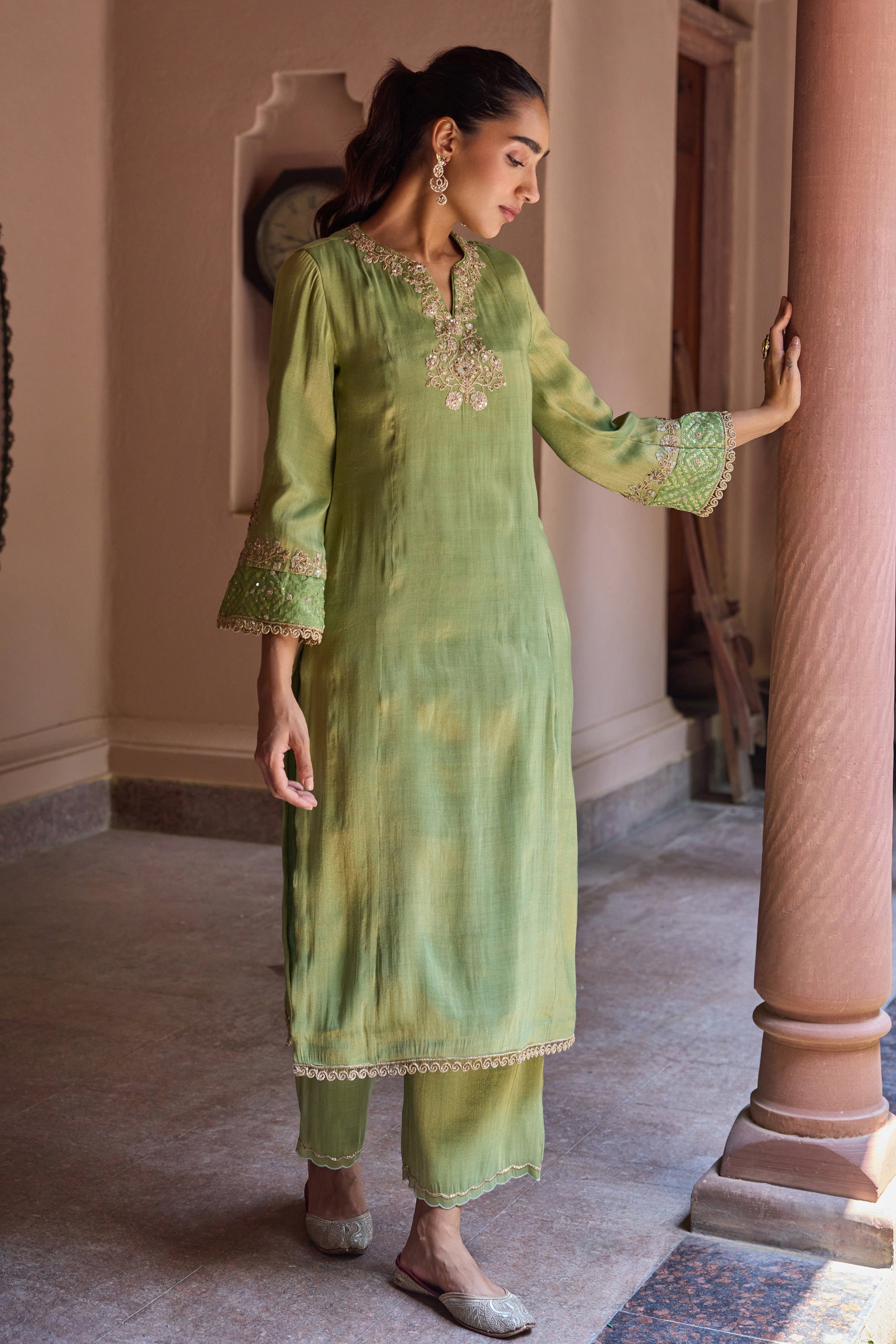 Divani Tissue Embroidered Green Straight Kurta Set (READY TO SHIP)