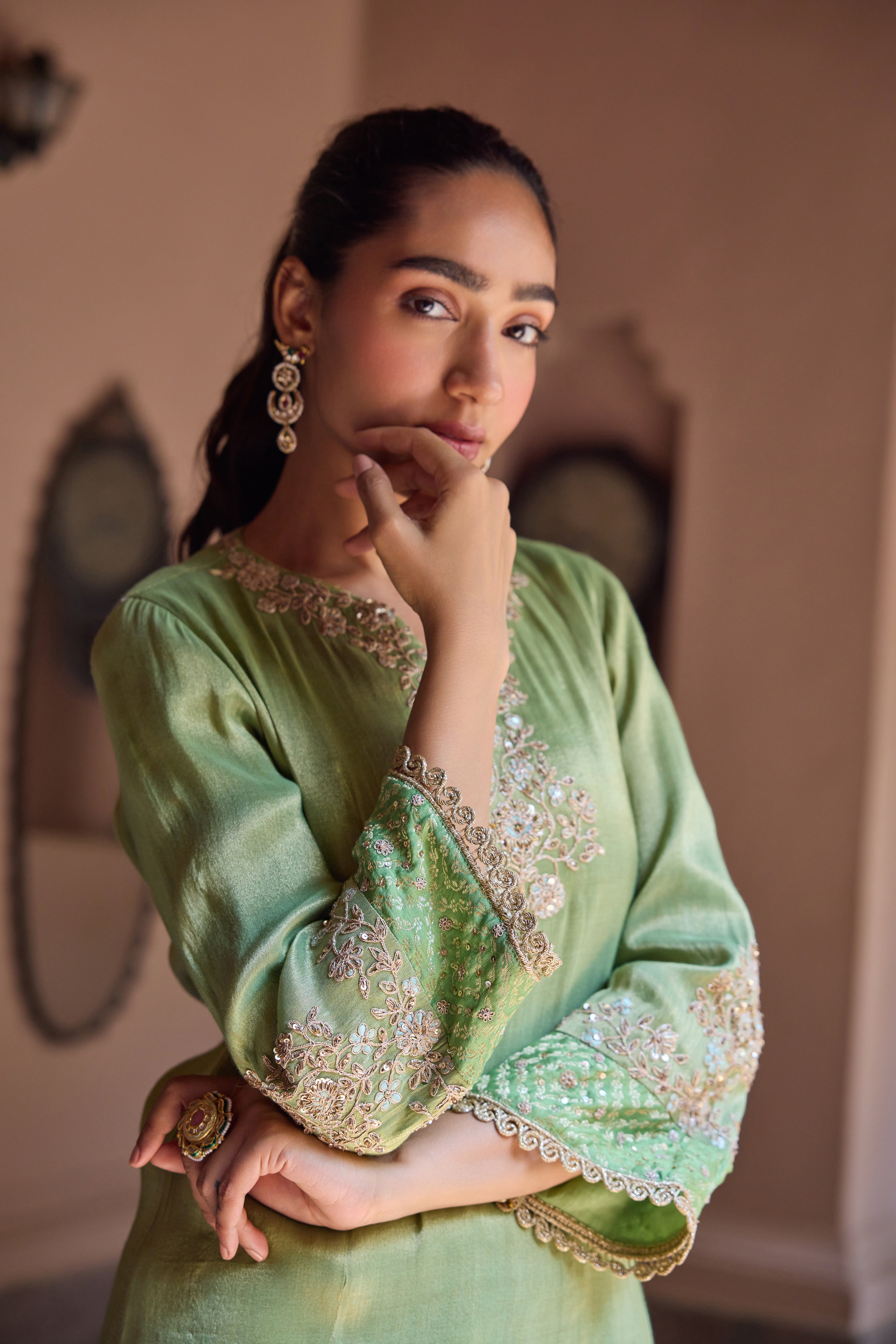 Divani Tissue Embroidered Green Straight Kurta Set
