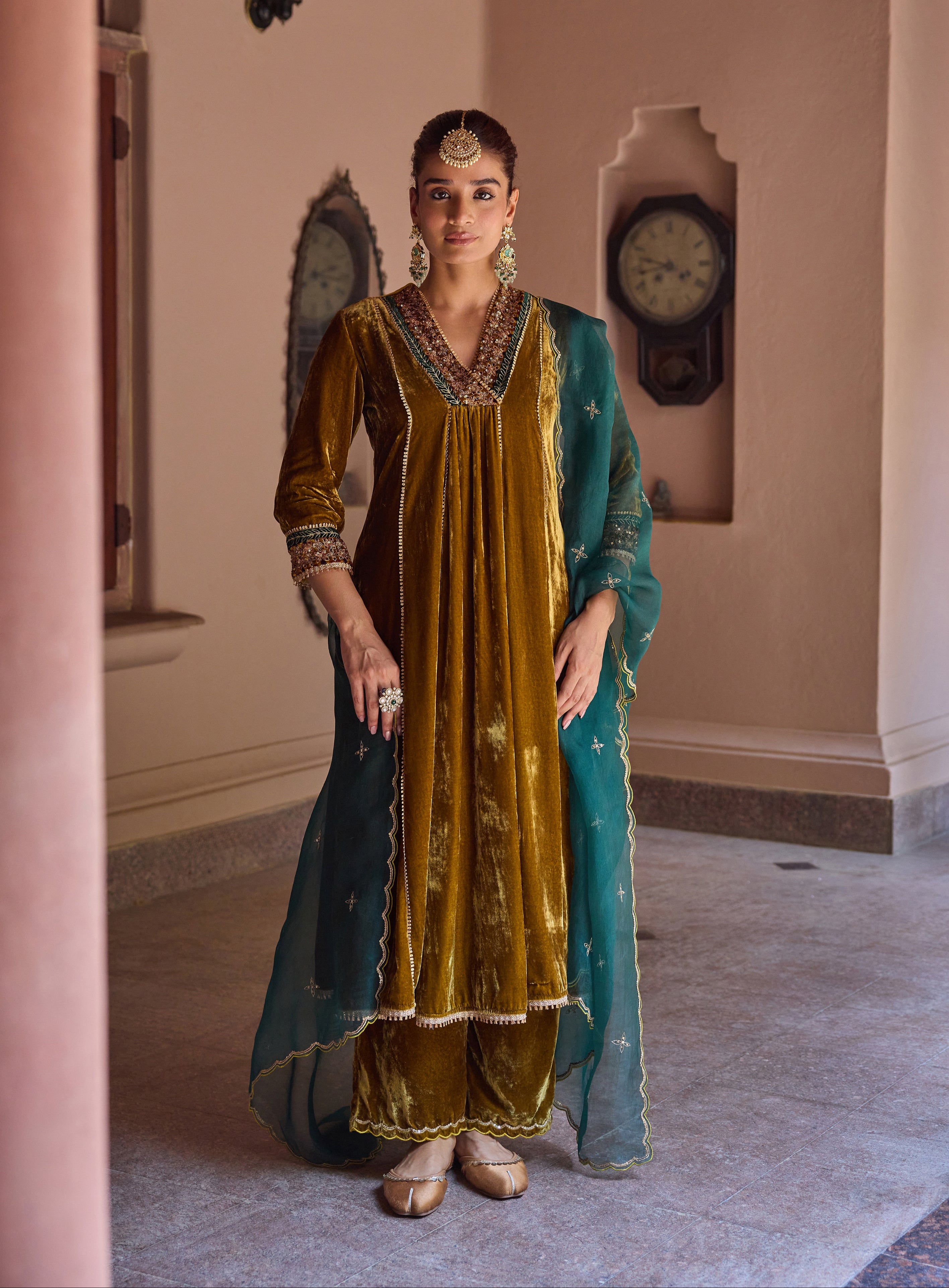 Anokhi Mustard Embroidered Silk Velvet Handcrafted Kurta Set
