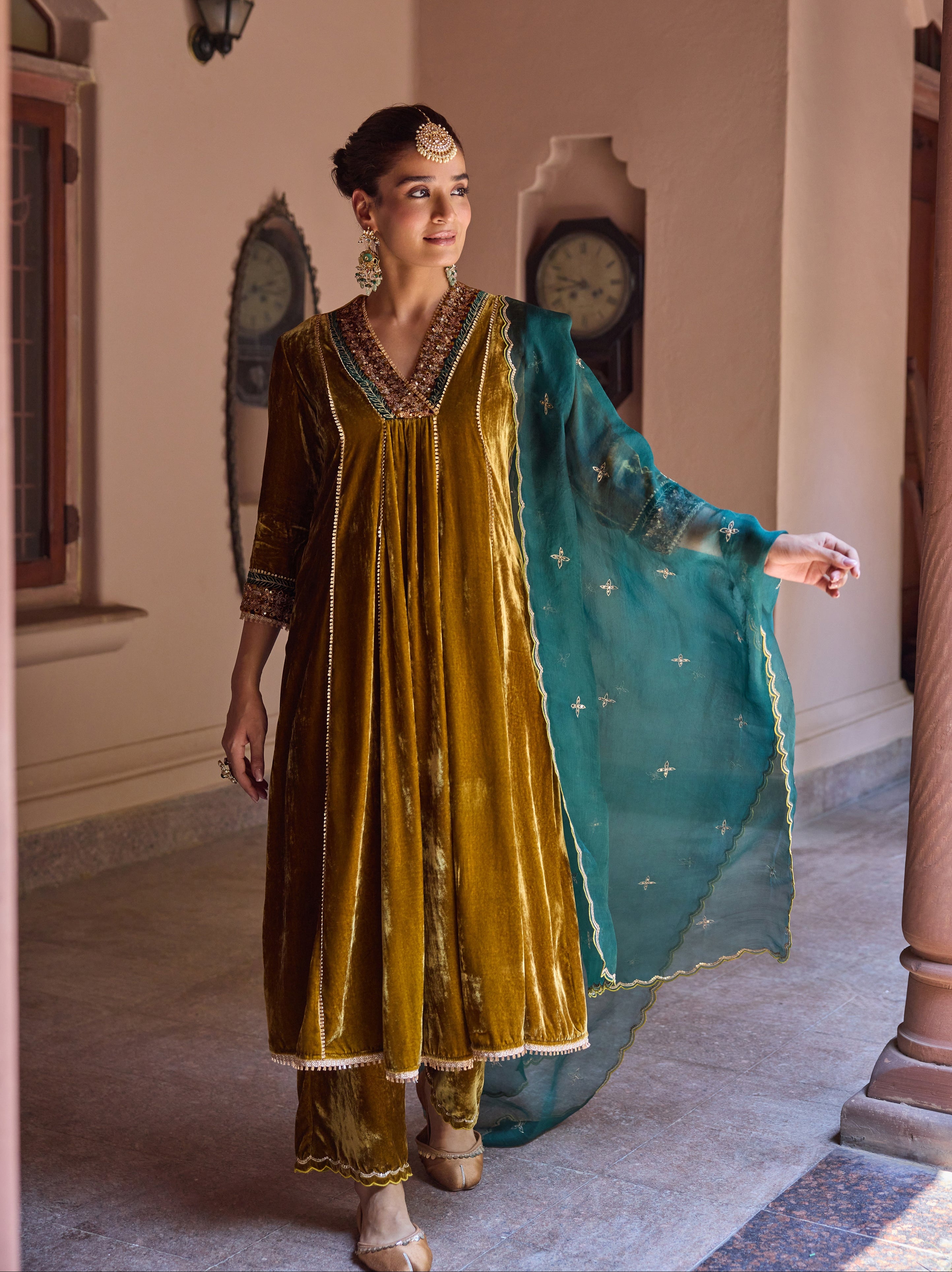 Anokhi Mustard Embroidered Silk Velvet Handcrafted Kurta Set