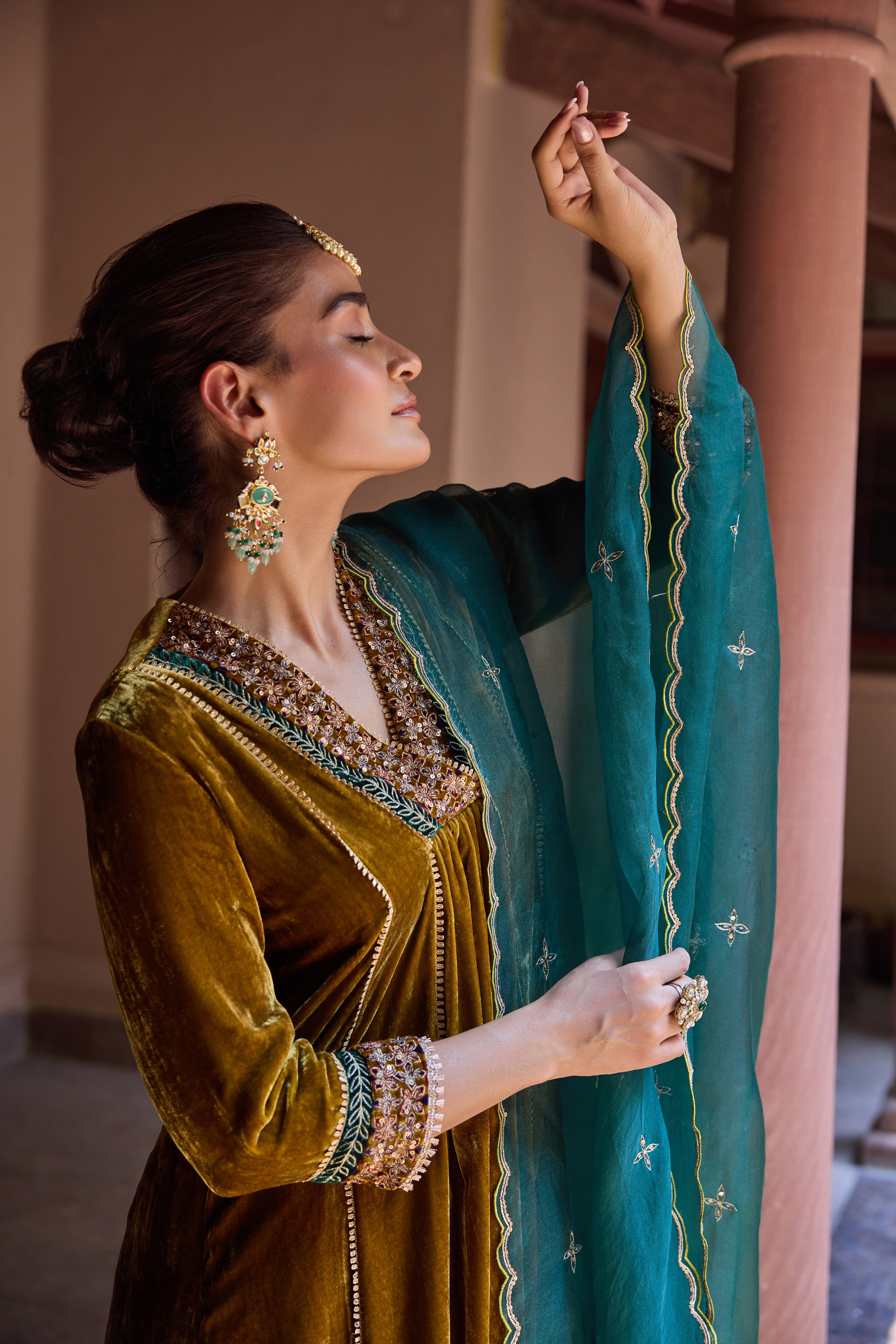 Anokhi Mustard Embroidered Silk Velvet Handcrafted Kurta Set