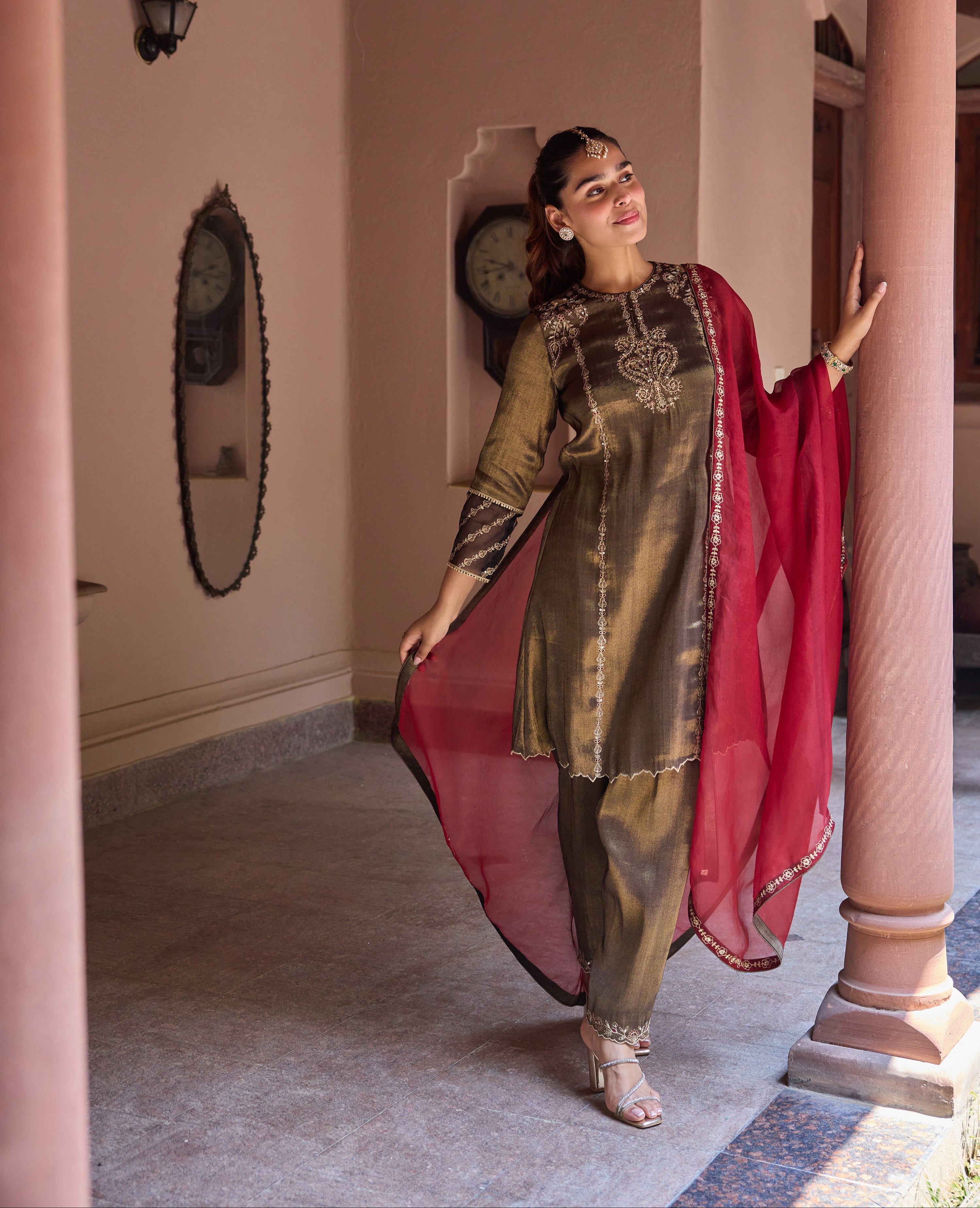 Nurah Tissue Embroidered Black A-Line Kurta Set (READY TO SHIP)