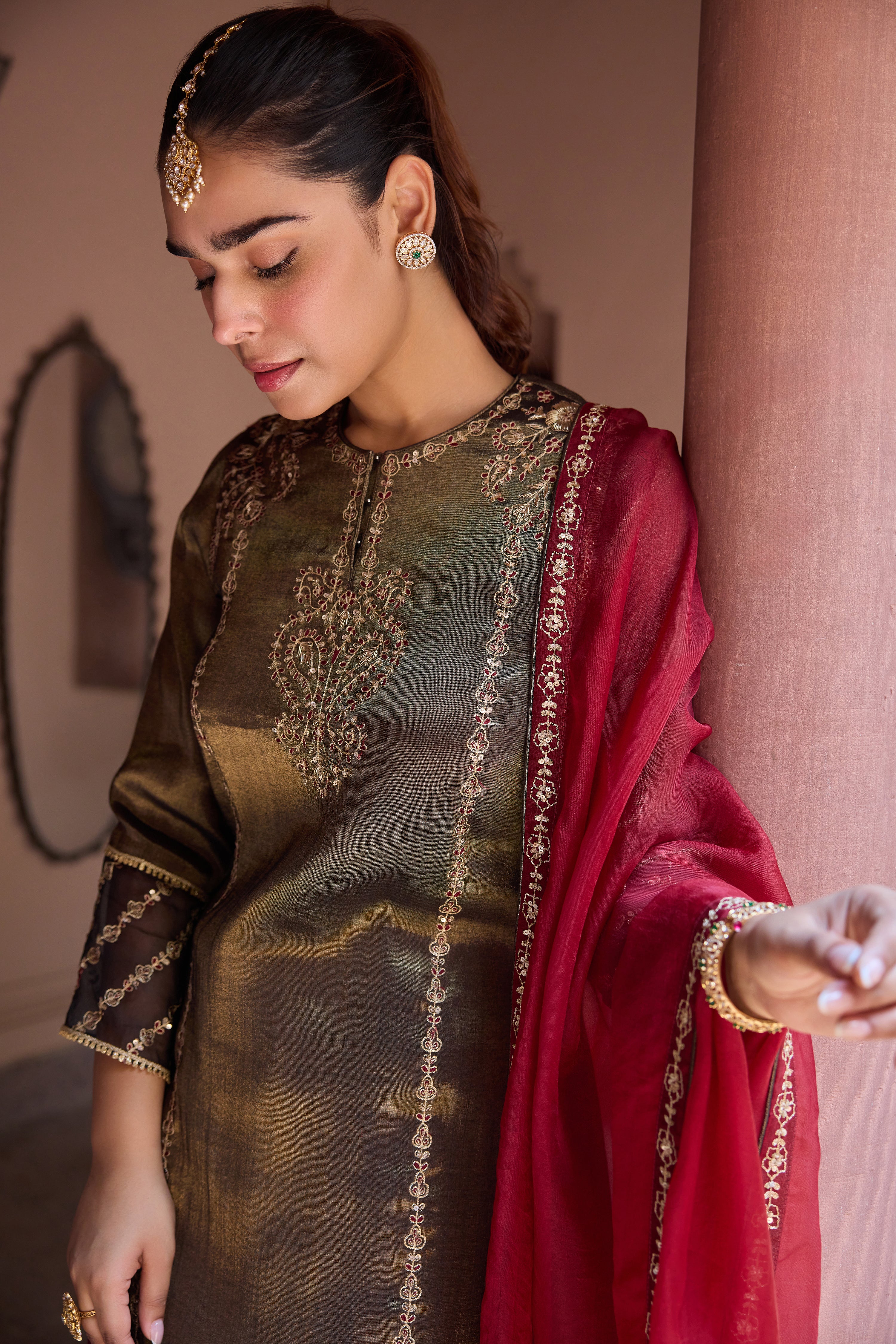 Nurah Tissue Embroidered Black A-Line Kurta Set