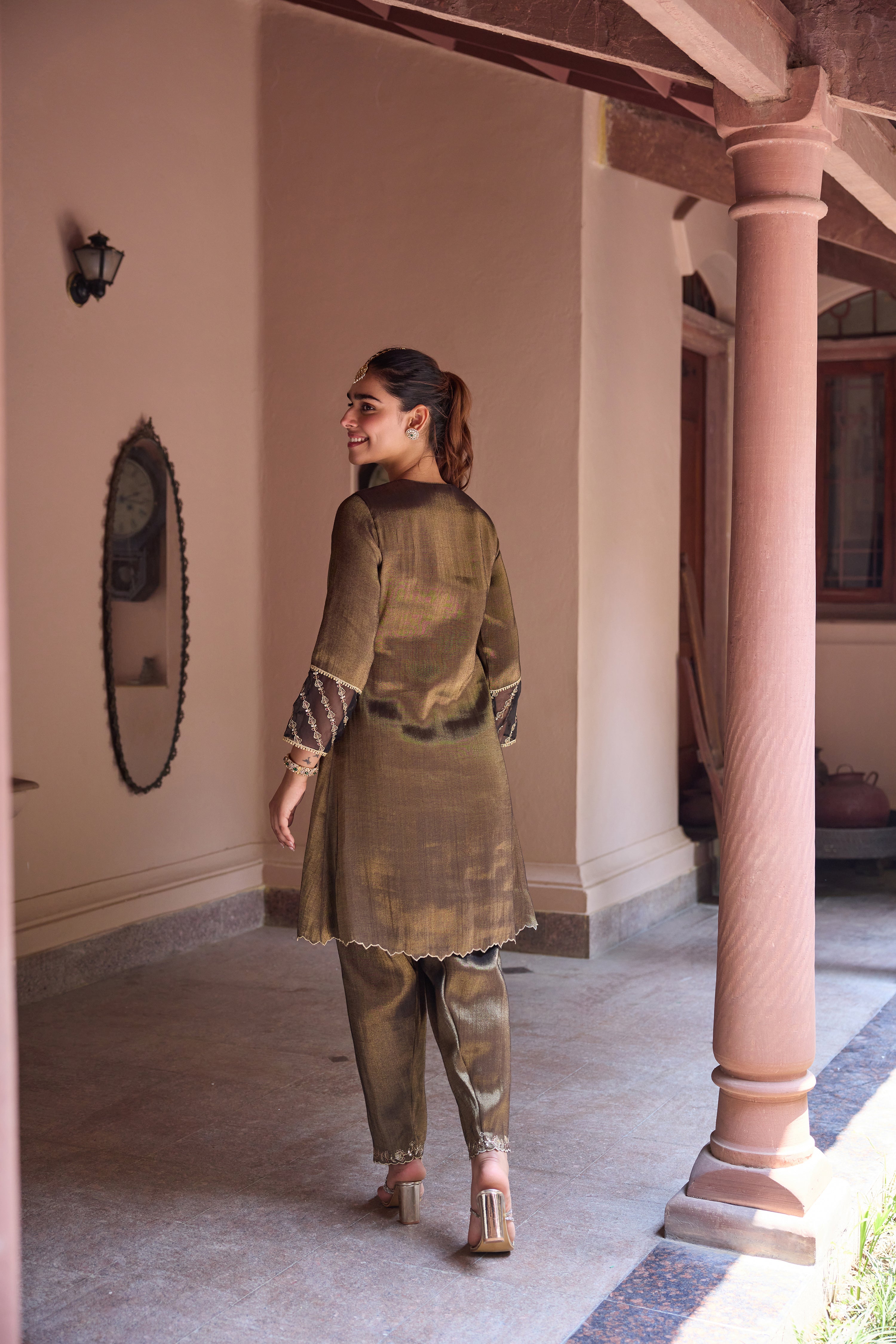 Nurah Tissue Embroidered Black A-Line Kurta Set