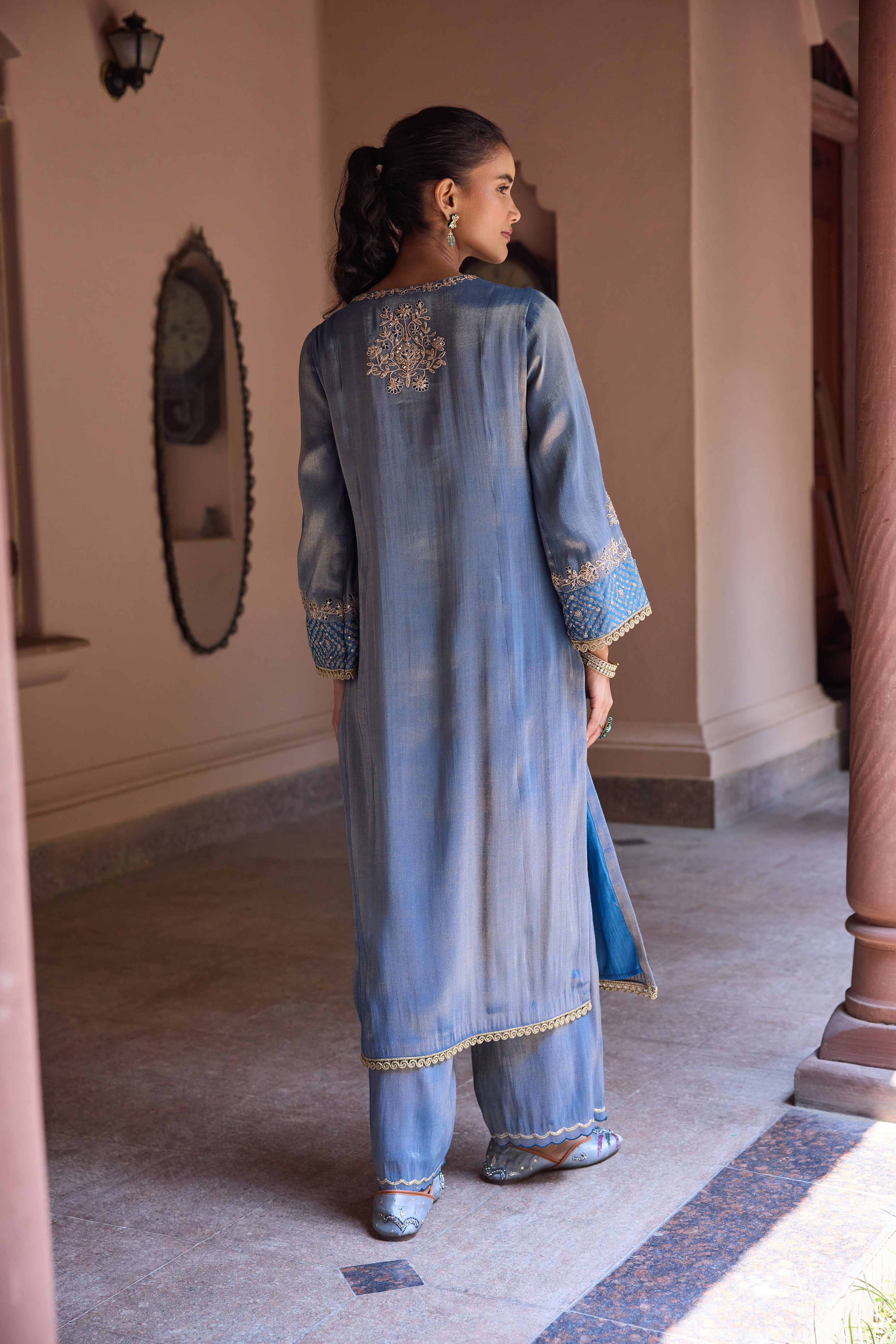 Divani Tissue Embroidered Cobalt Blue Straight Kurta Set