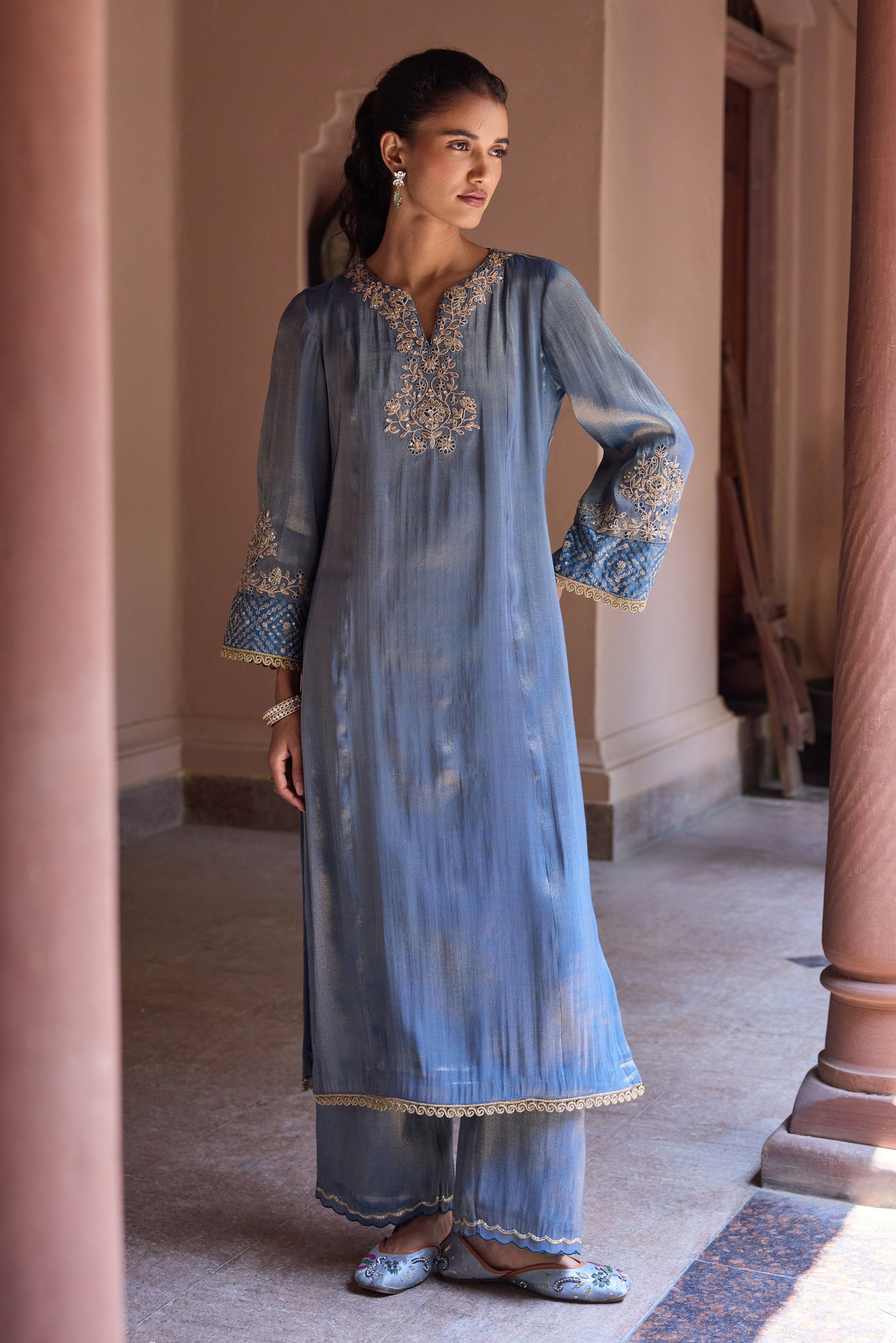 Divani Tissue Embroidered Cobalt Blue Straight Kurta Set
