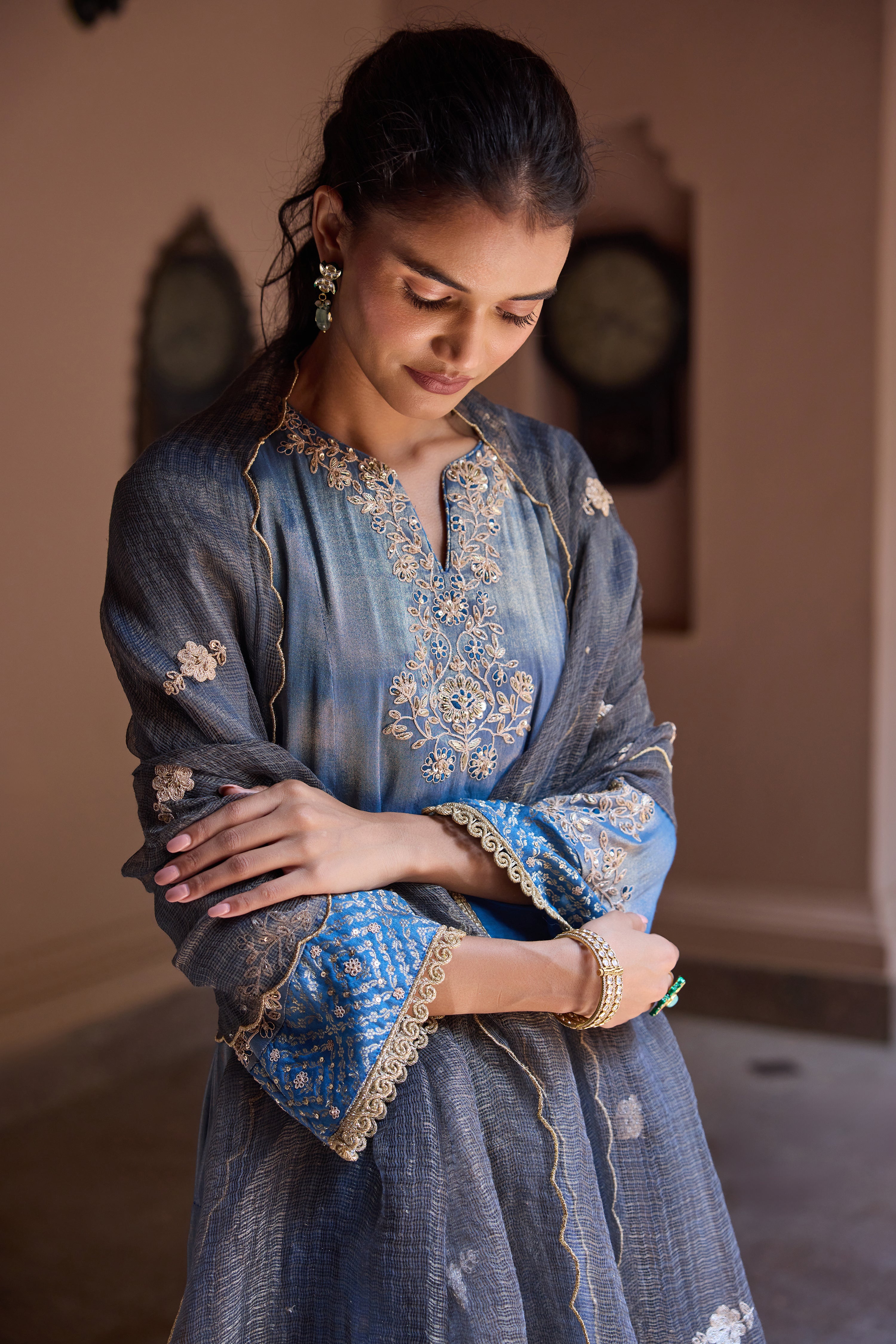 Divani Tissue Embroidered Cobalt Blue Straight Kurta Set