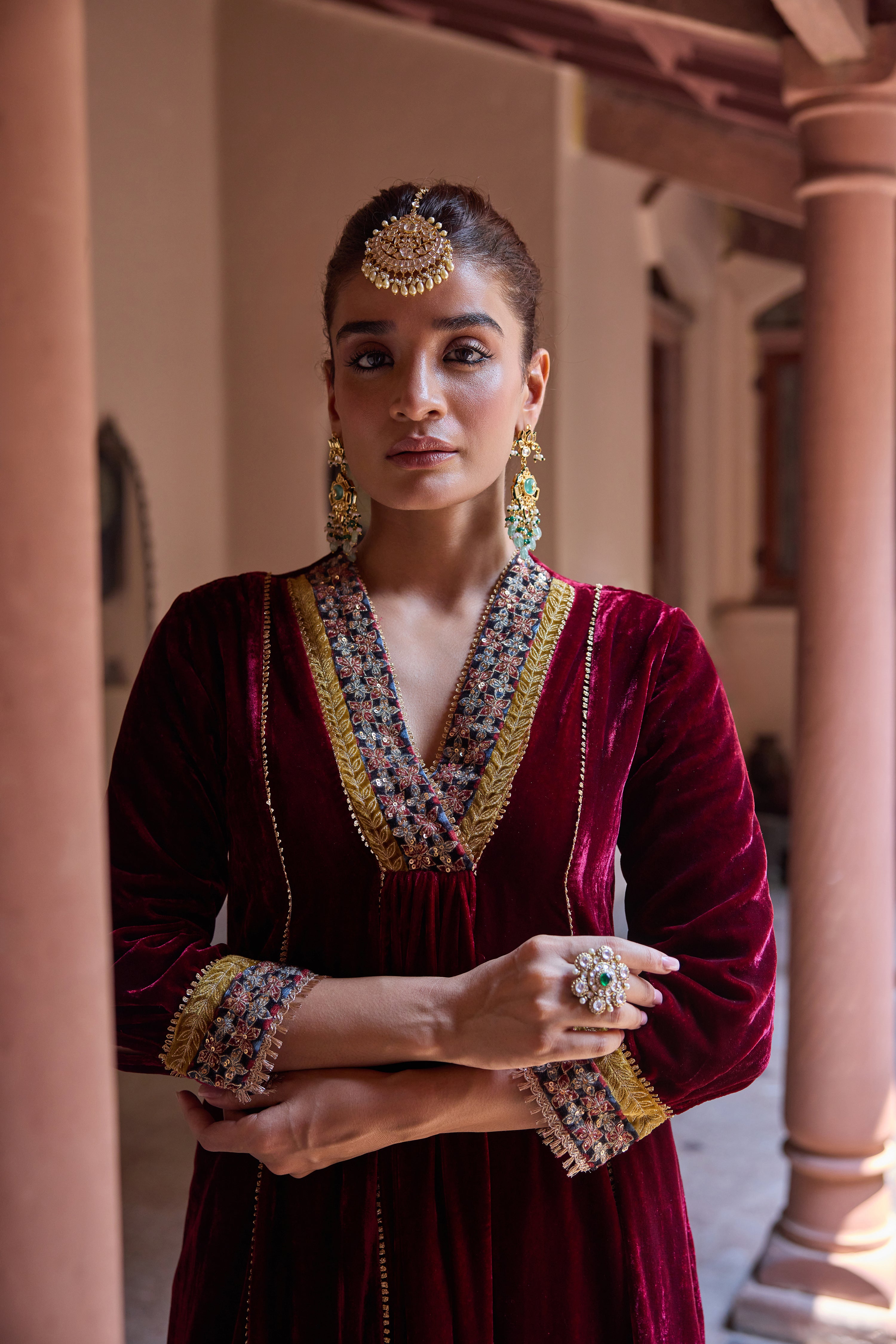 Anokhi Red Embroidered Silk Velvet Handcrafted Kurta Set