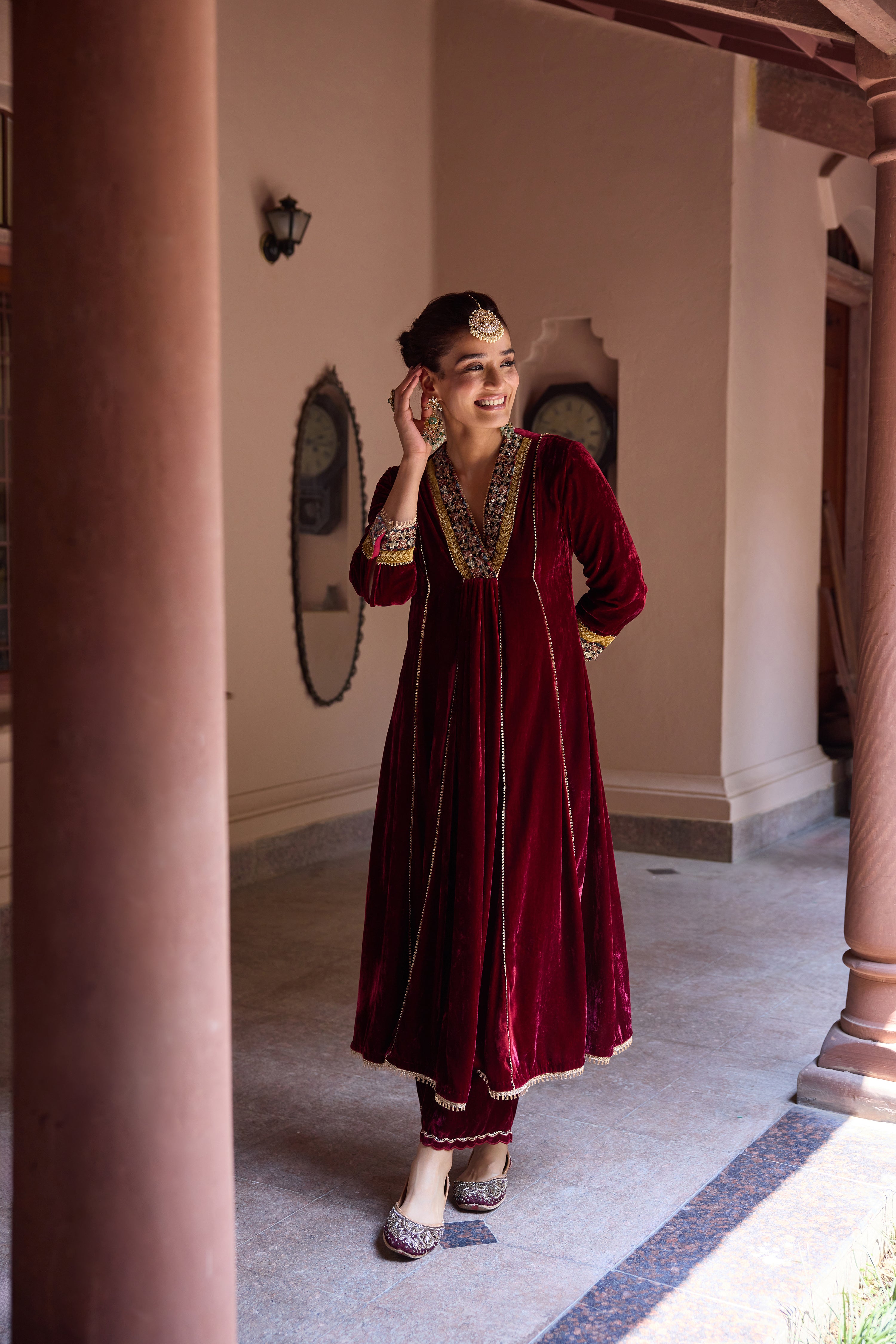 Anokhi Red Embroidered Silk Velvet Handcrafted Kurta Set