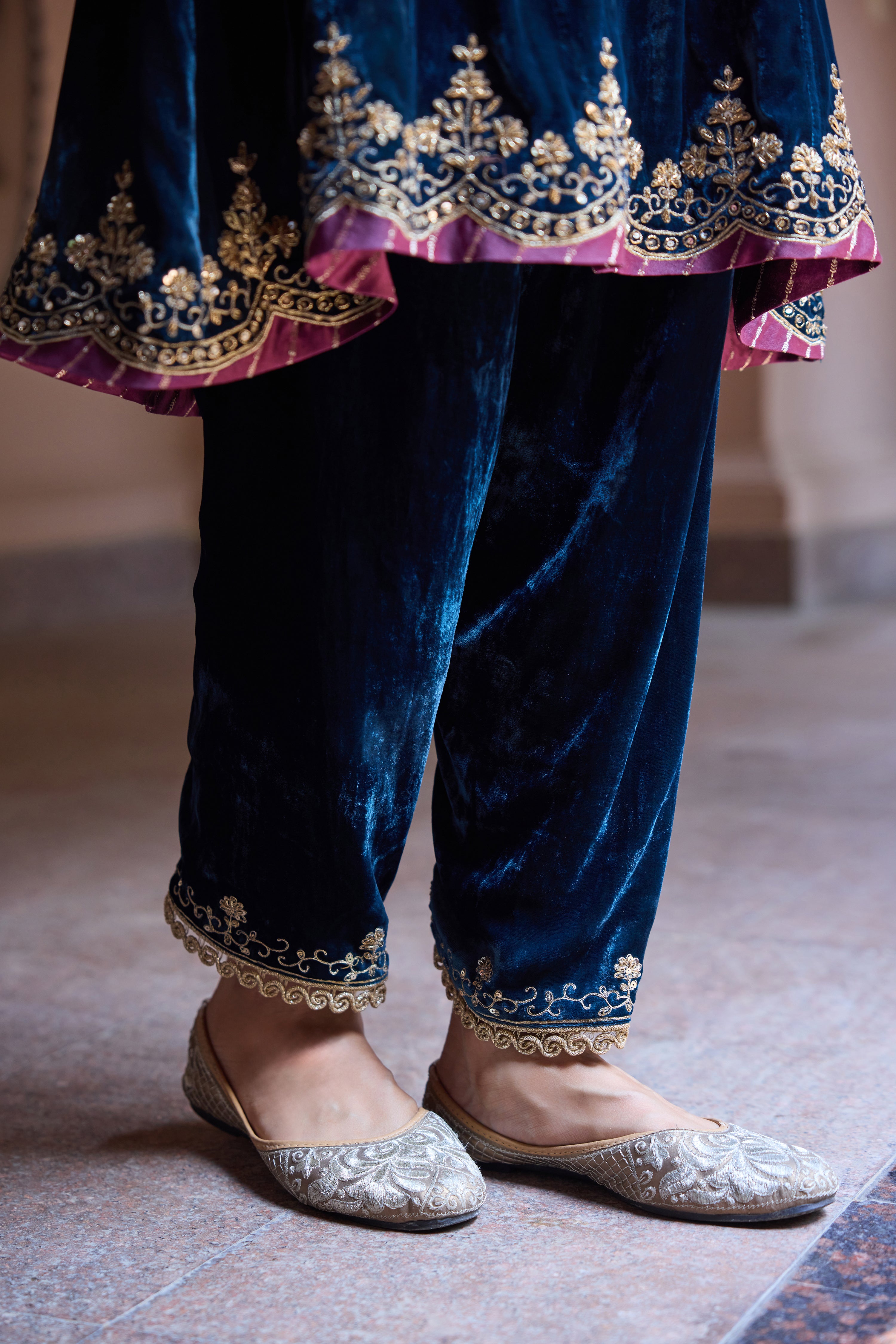 Dilruba Silk Velvet Embroidered Midnight Blue A-Line Kurta Set