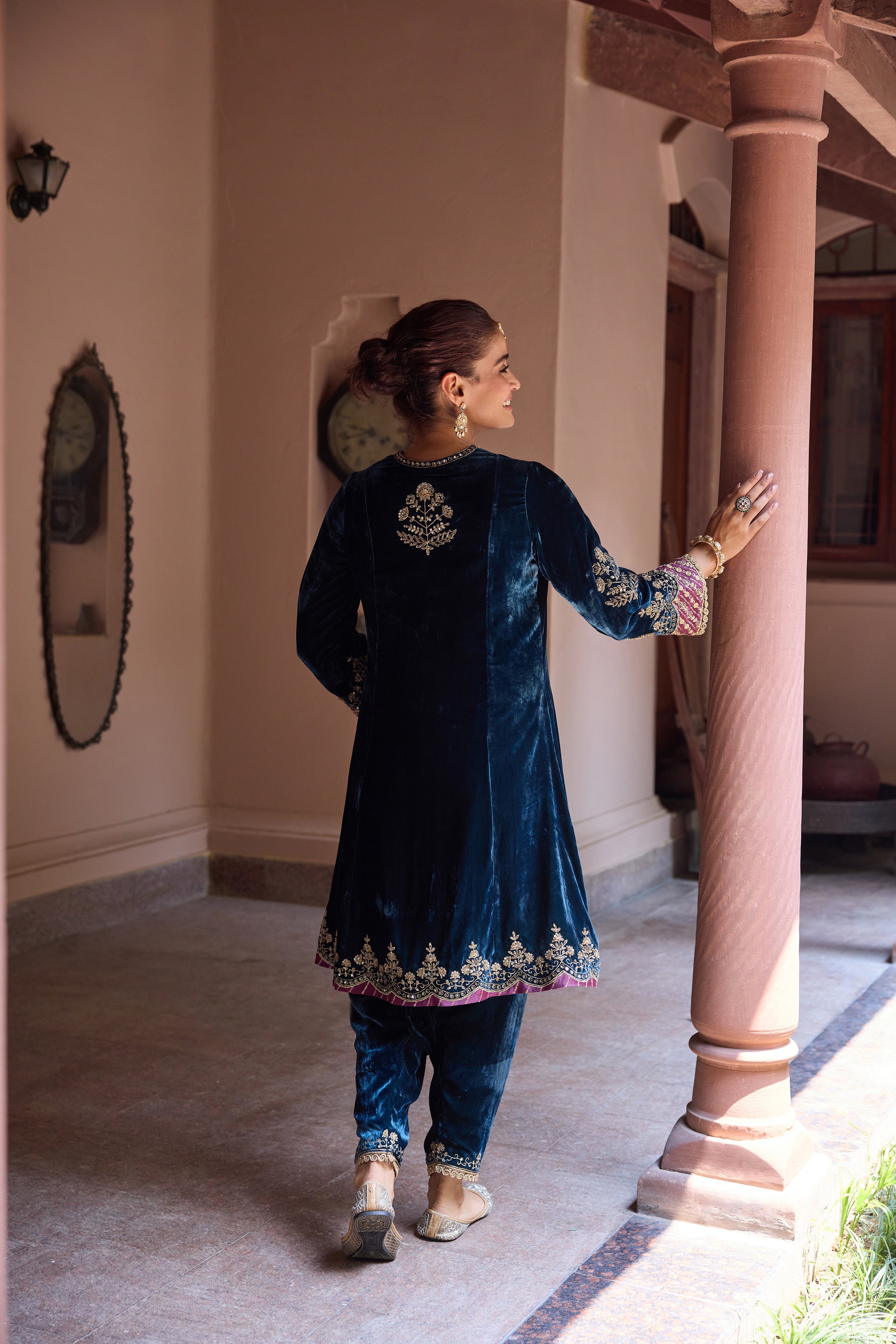 Dilruba Silk Velvet Embroidered Midnight Blue A-Line Kurta Set