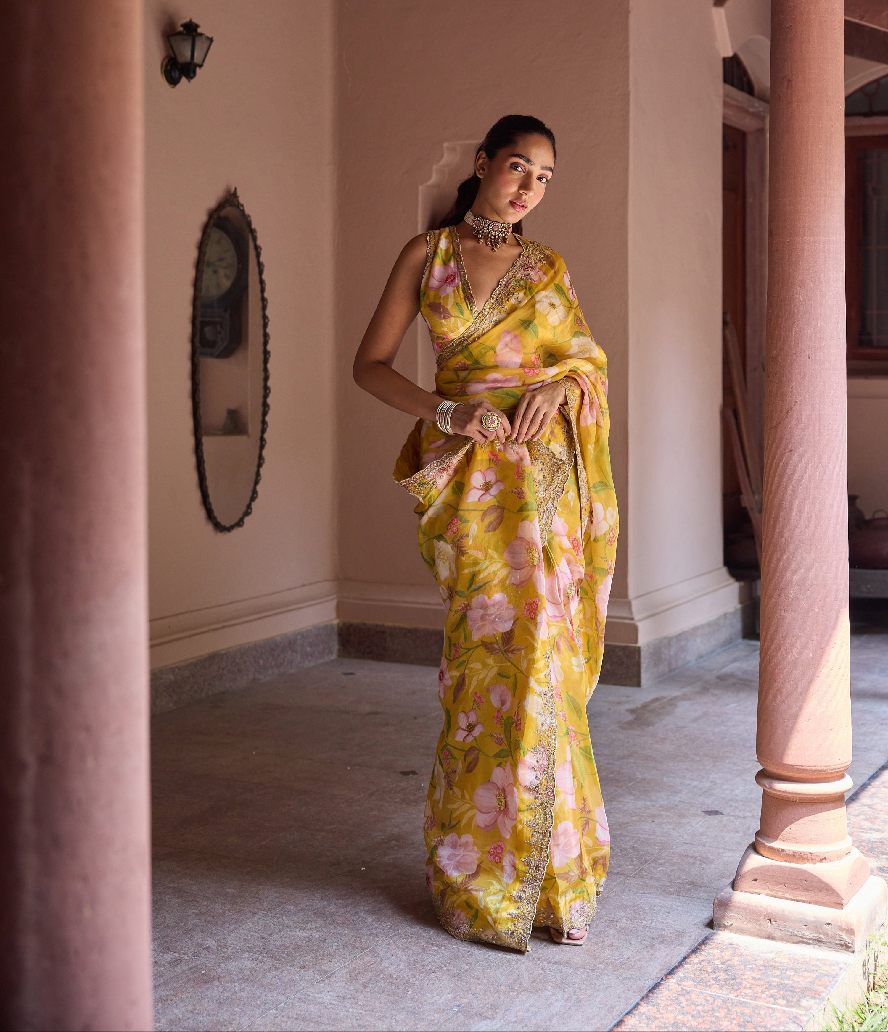 Adira Mustard Floral Printed Luxe Organza Saree