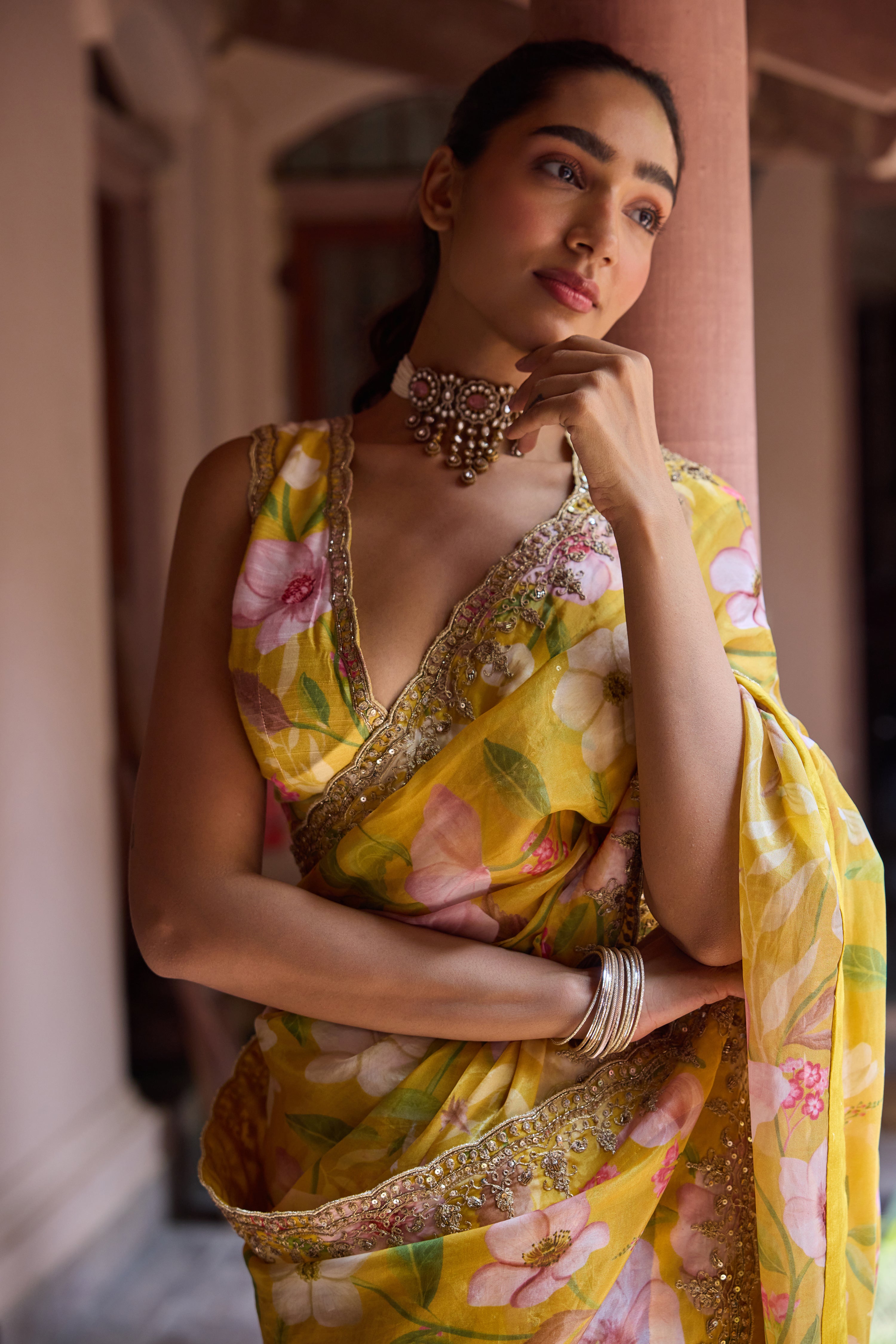 Adira Mustard Floral Printed Luxe Organza Saree