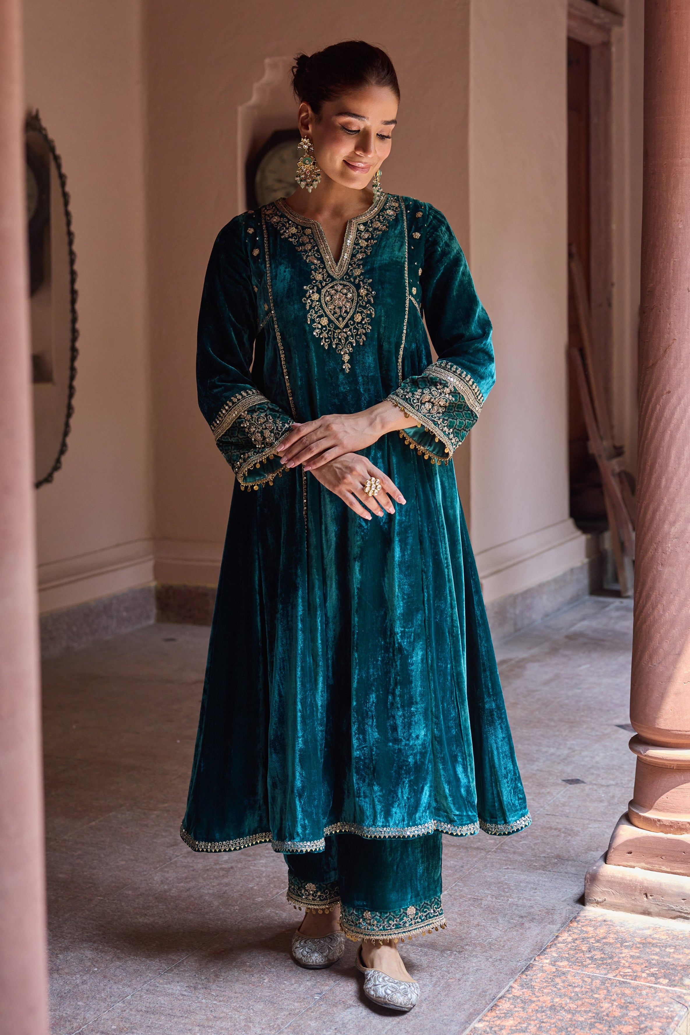Ziyana Silk Velvet Embroidered Jewel Green A-Line Kurta Set