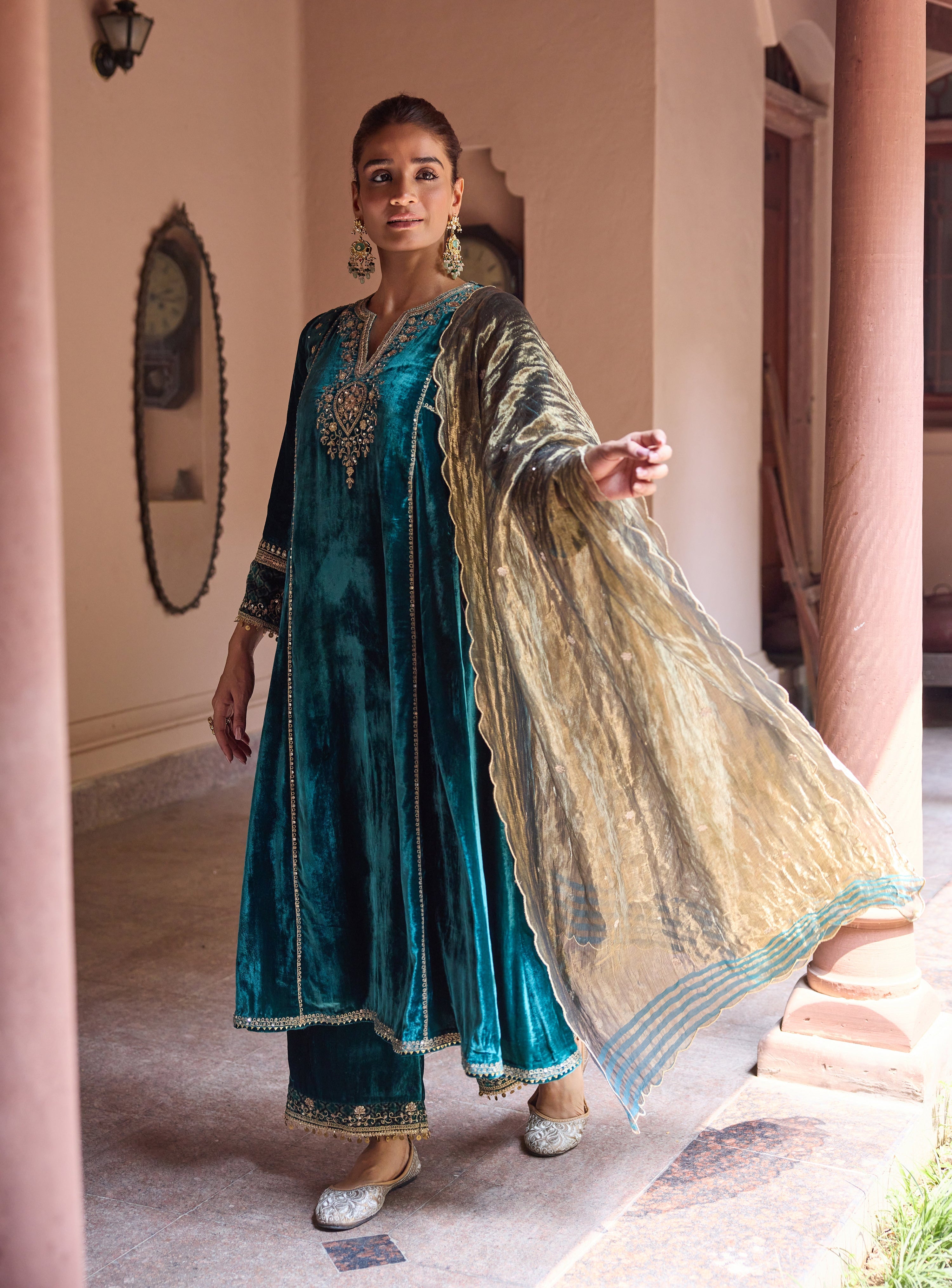 Ziyana Silk Velvet Embroidered Jewel Green A-Line Kurta Set