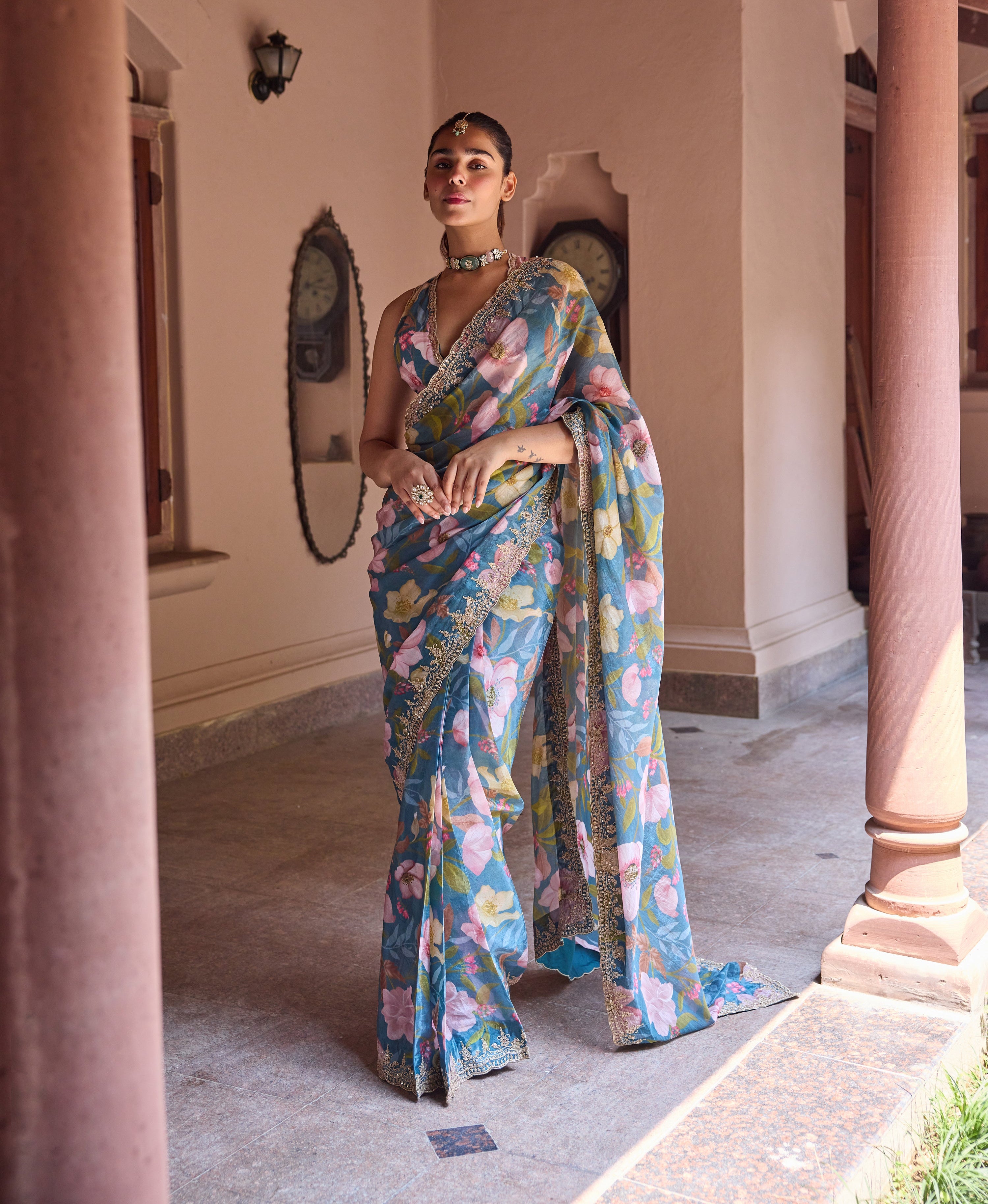 Adira Teal Printed Luxe Organza Saree