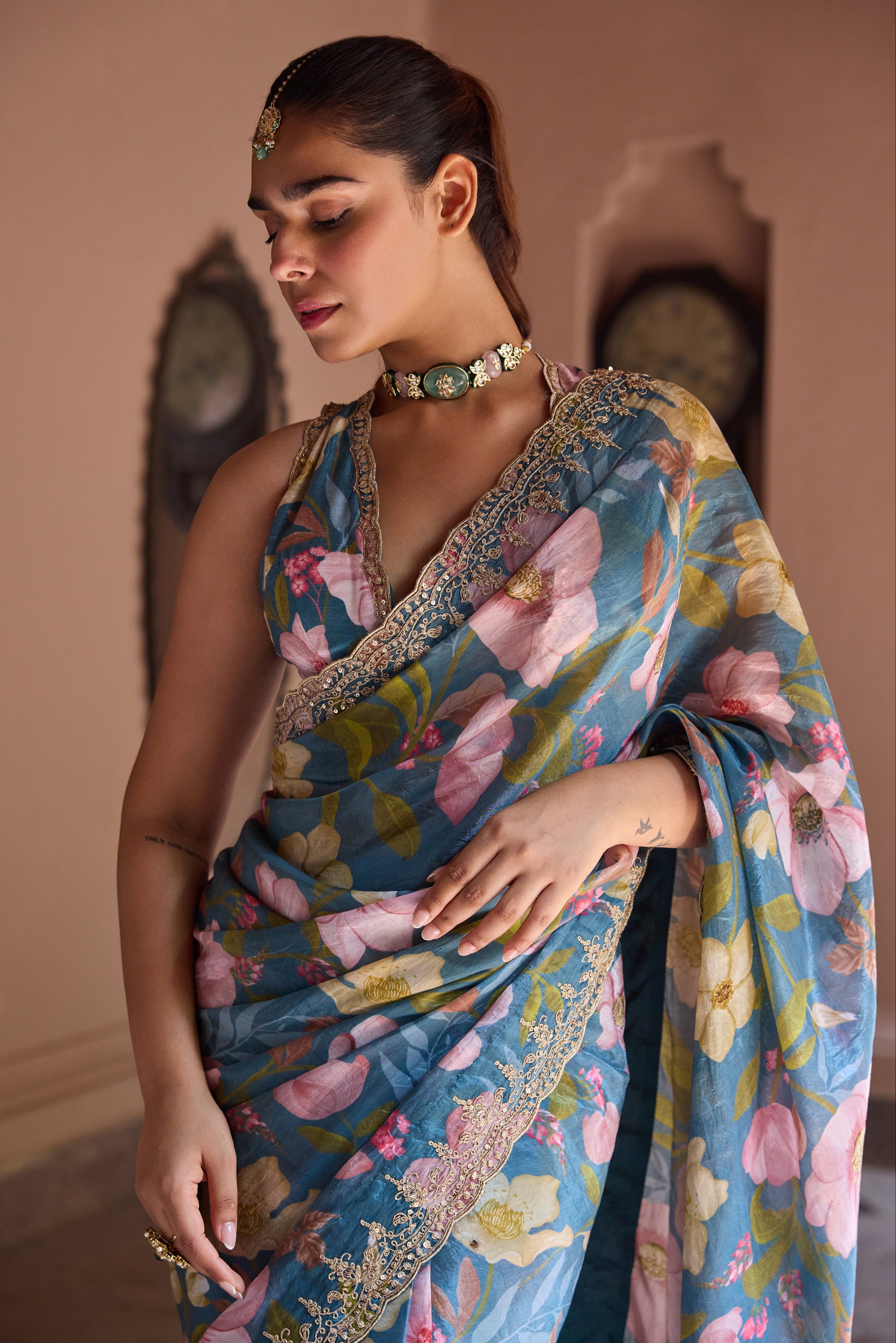 Adira Teal Printed Luxe Organza Saree
