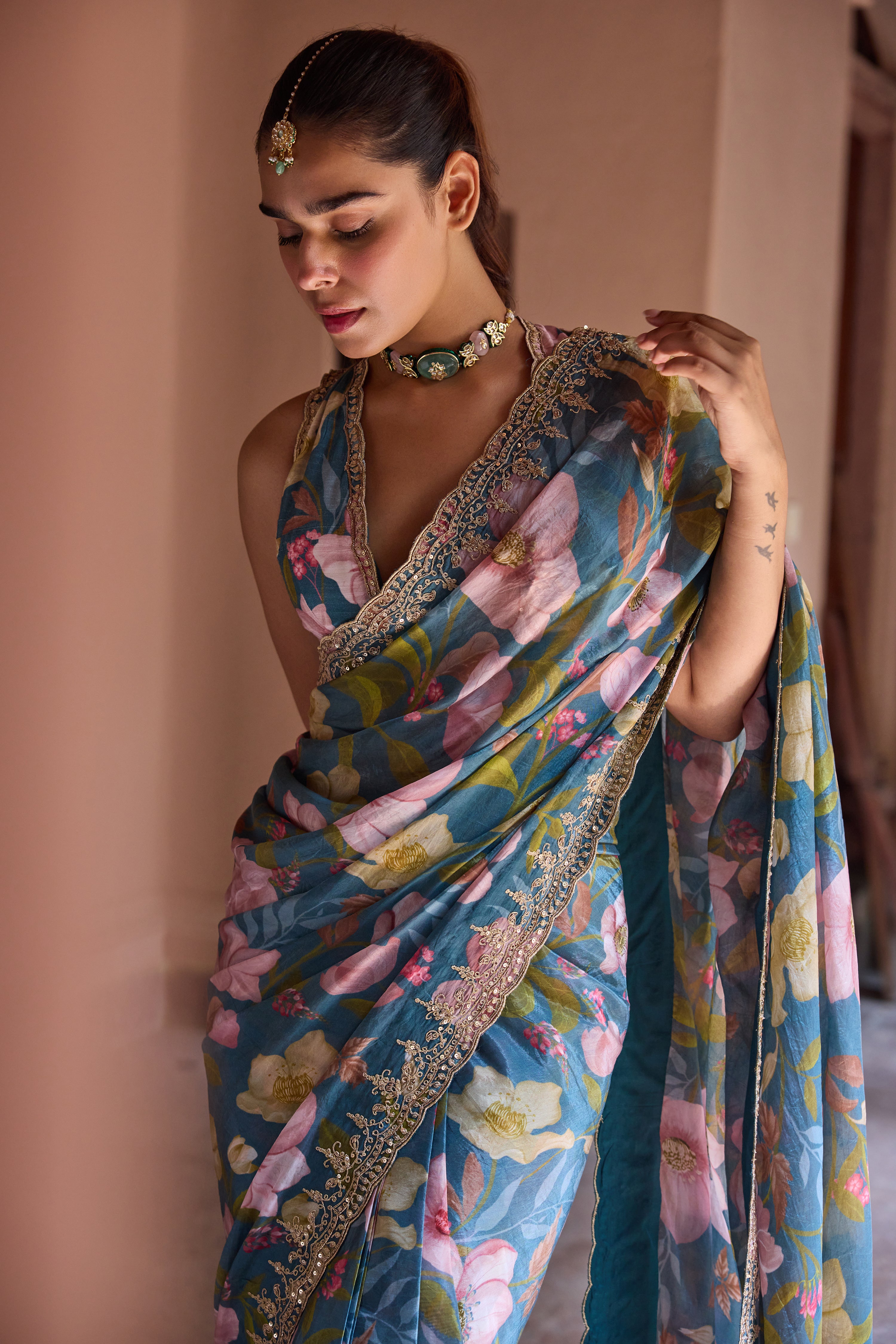 Adira Teal Printed Luxe Organza Saree