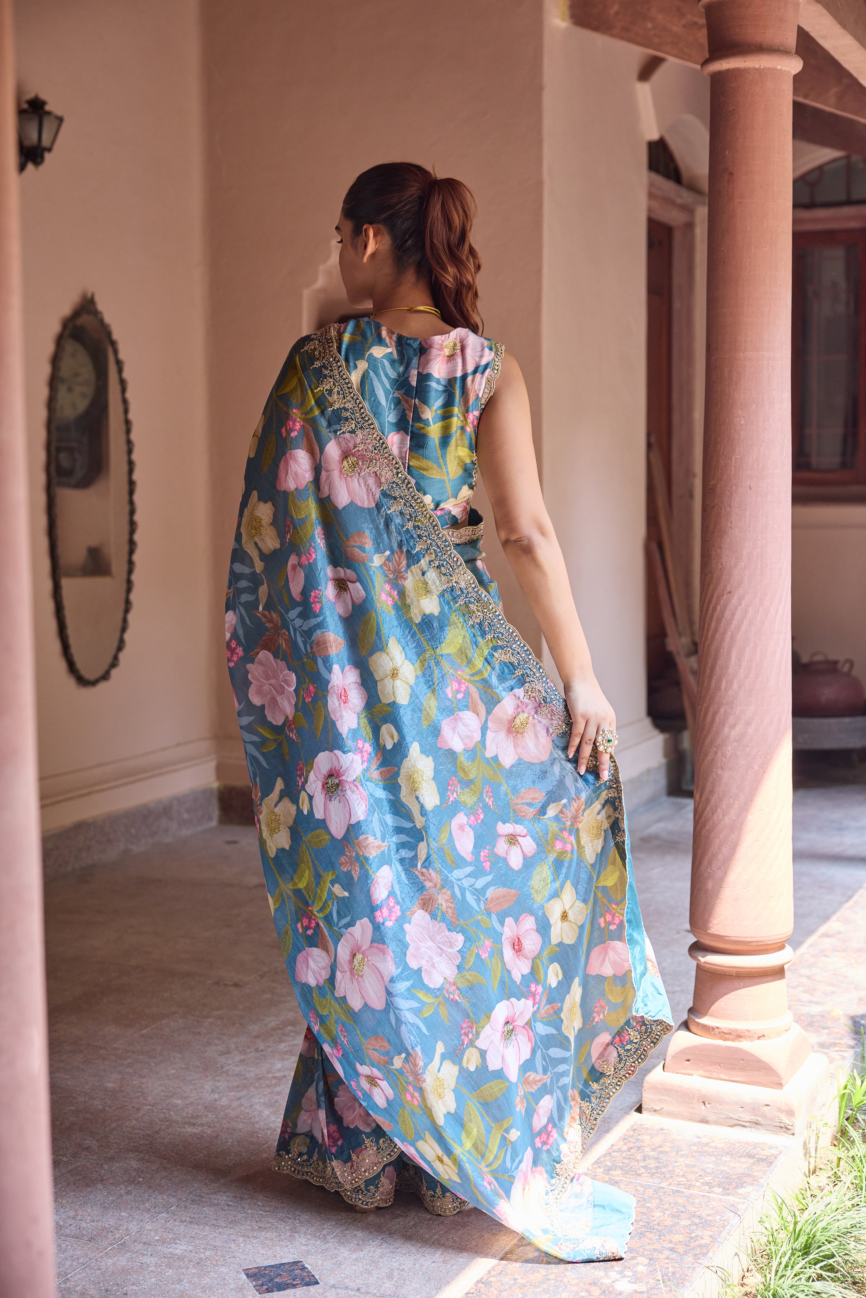 Adira Teal Printed Luxe Organza Saree