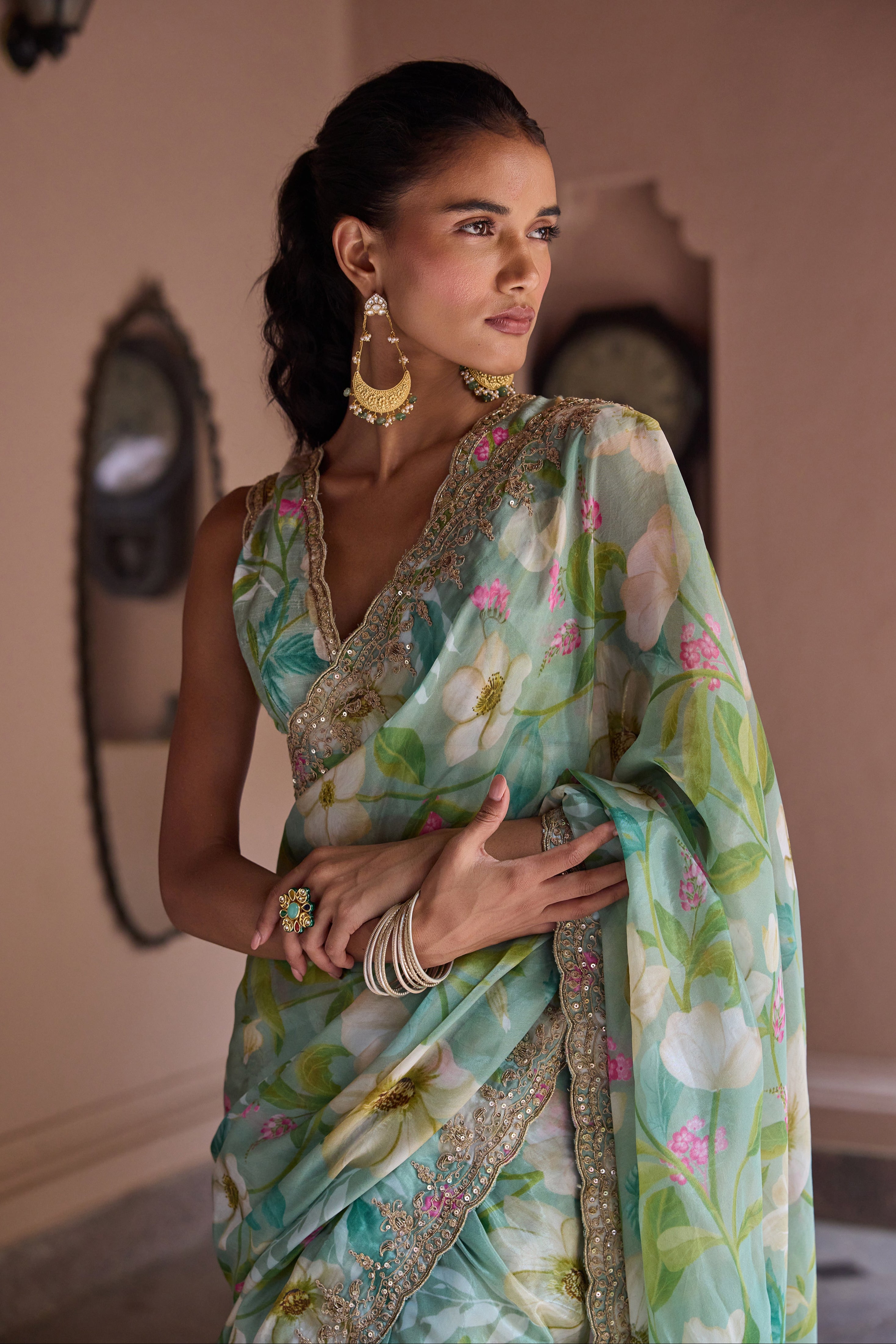 Adira Turquiose Floral Printed Luxe Organza Saree