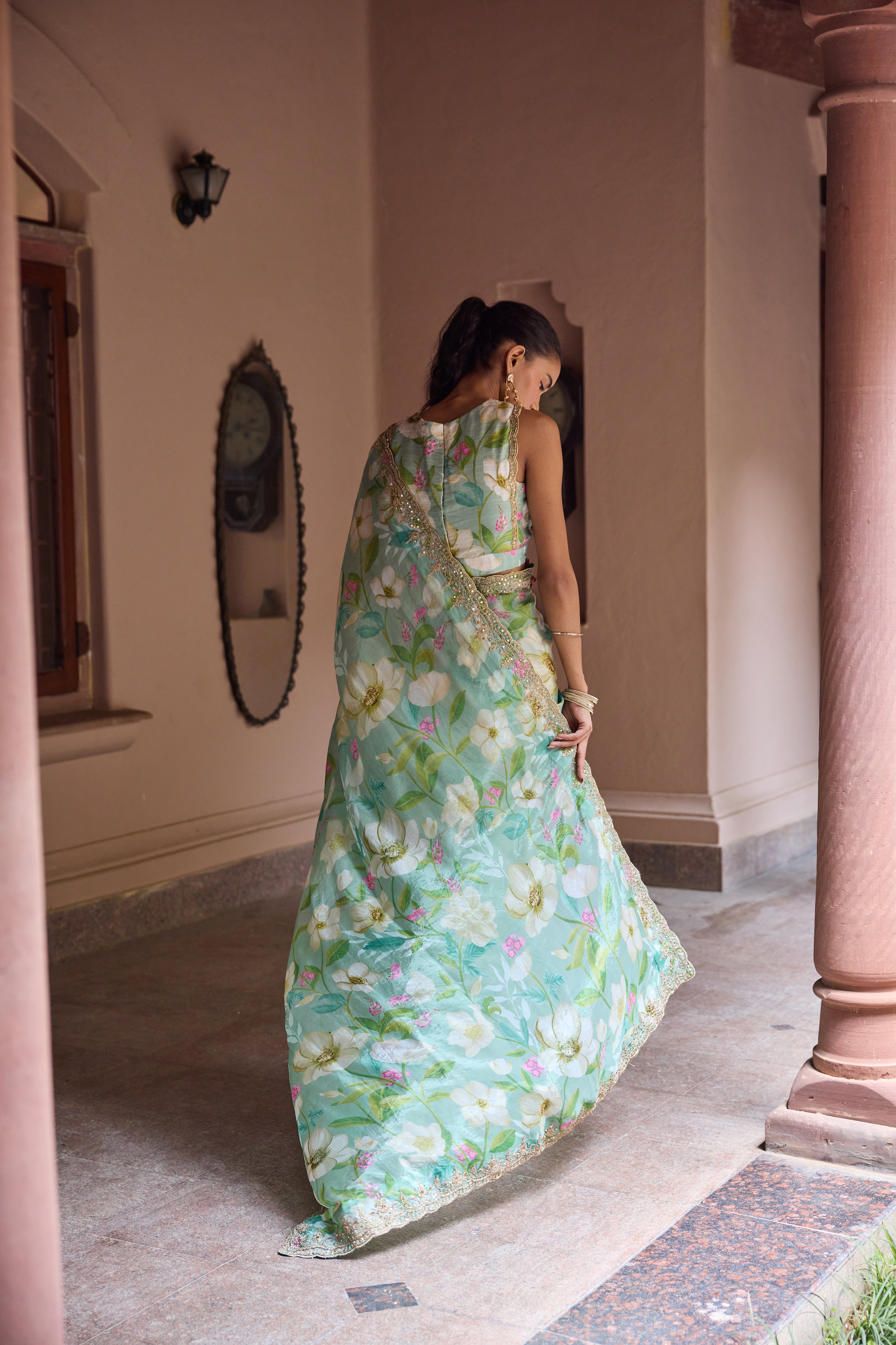 Adira Turquiose Floral Printed Luxe Organza Saree