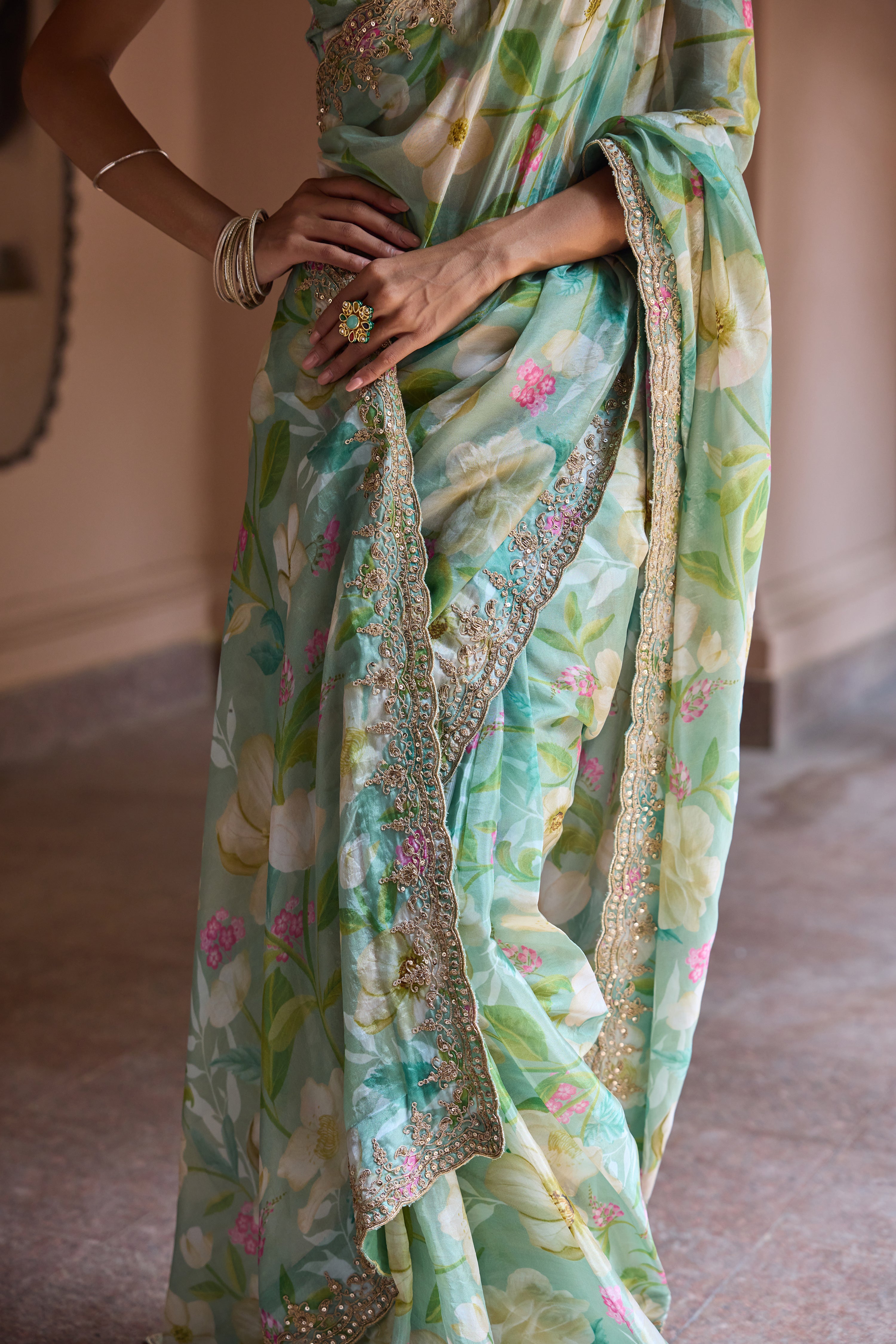 Adira Turquiose Floral Printed Luxe Organza Saree