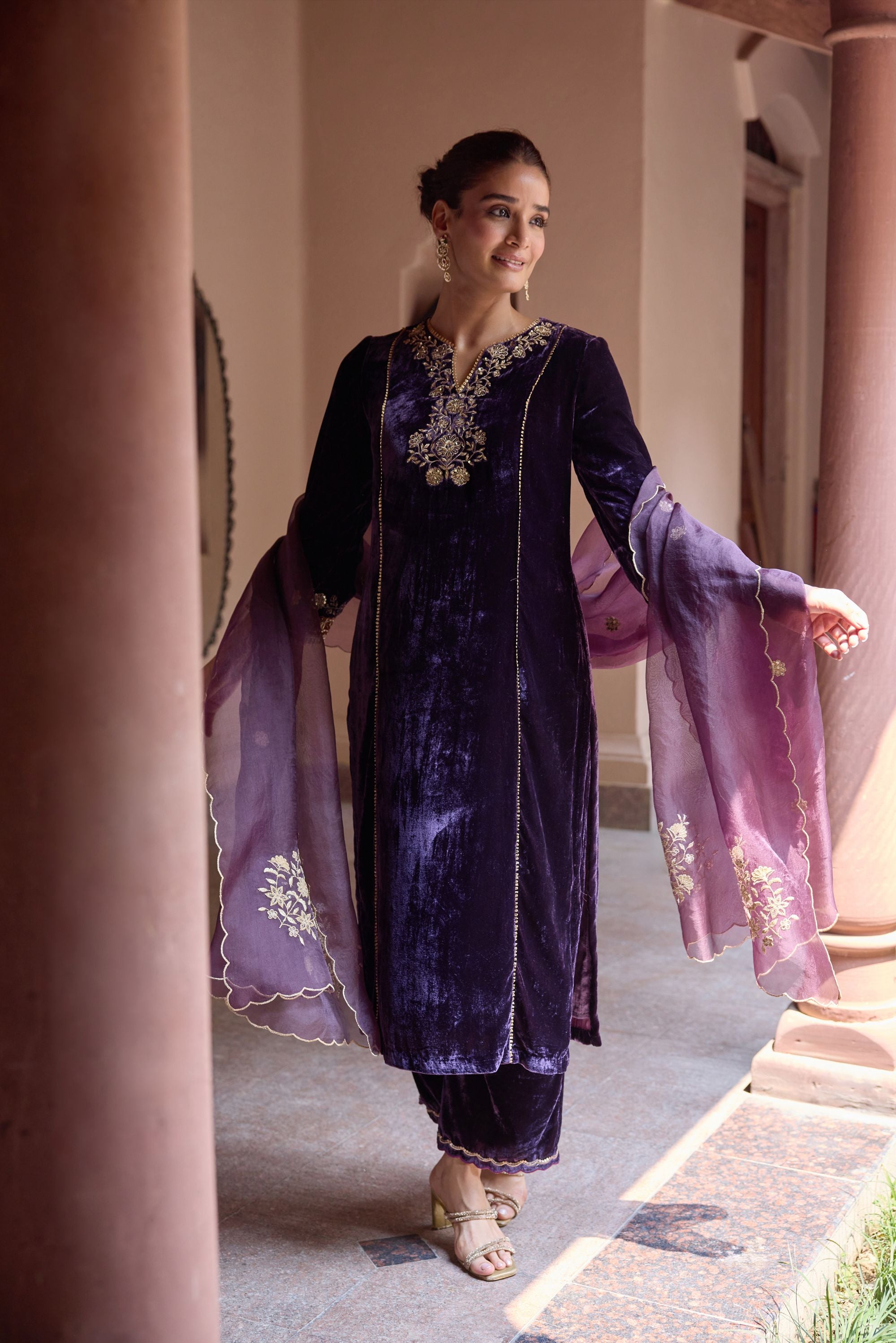 Noorani Purple Embroidered Silk Velvet Handcrafted Kurta Set (READY TO SHIP)