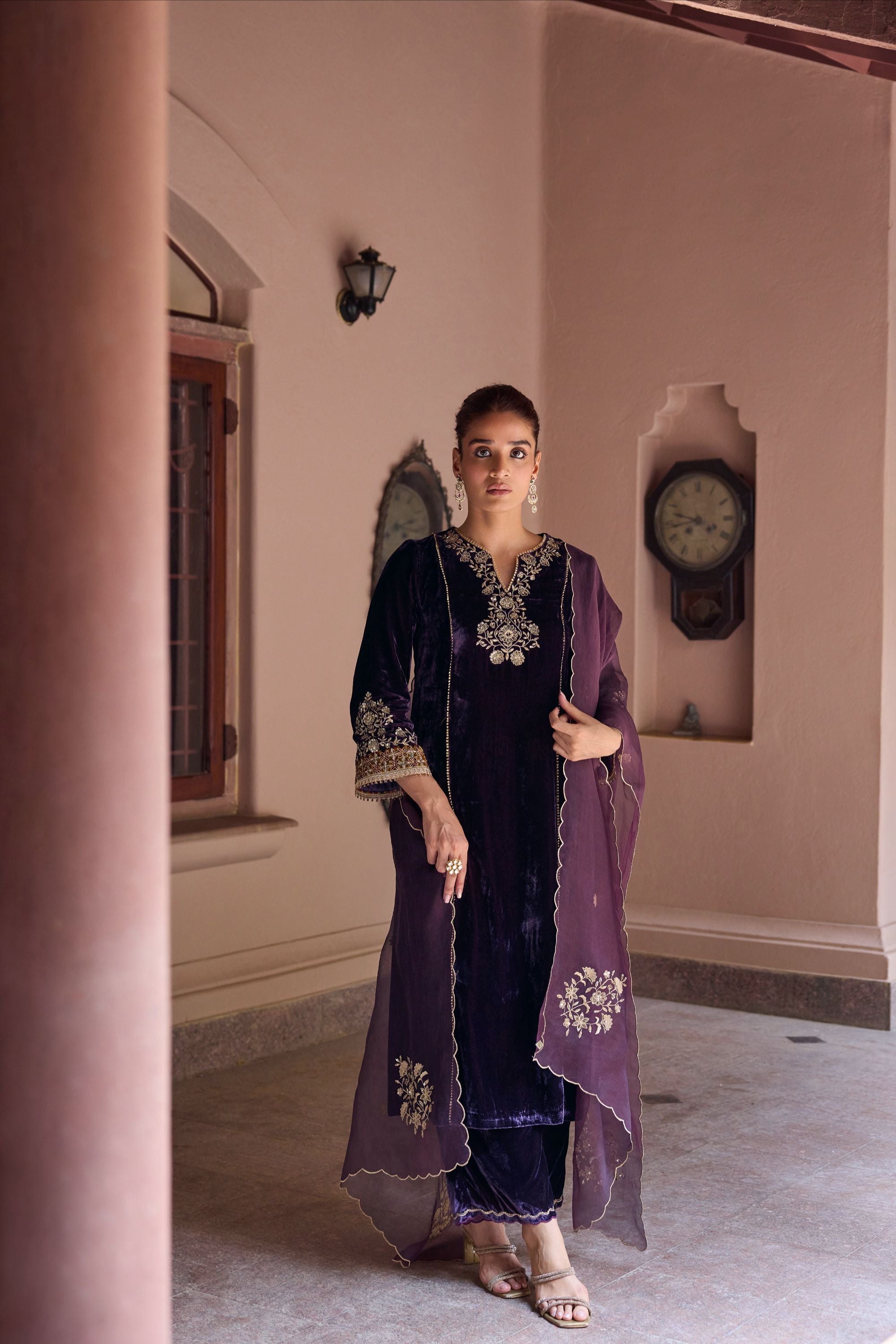 Noorani Purple Embroidered Silk Velvet Handcrafted Kurta Set (READY TO SHIP)