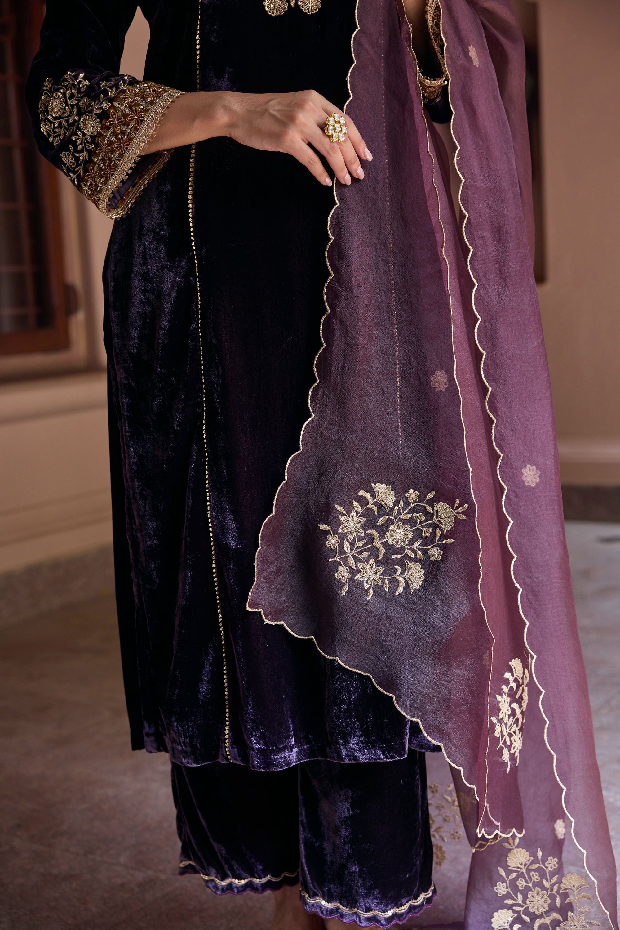 Noorani Purple Embroidered Silk Velvet Handcrafted Kurta Set (READY TO SHIP)