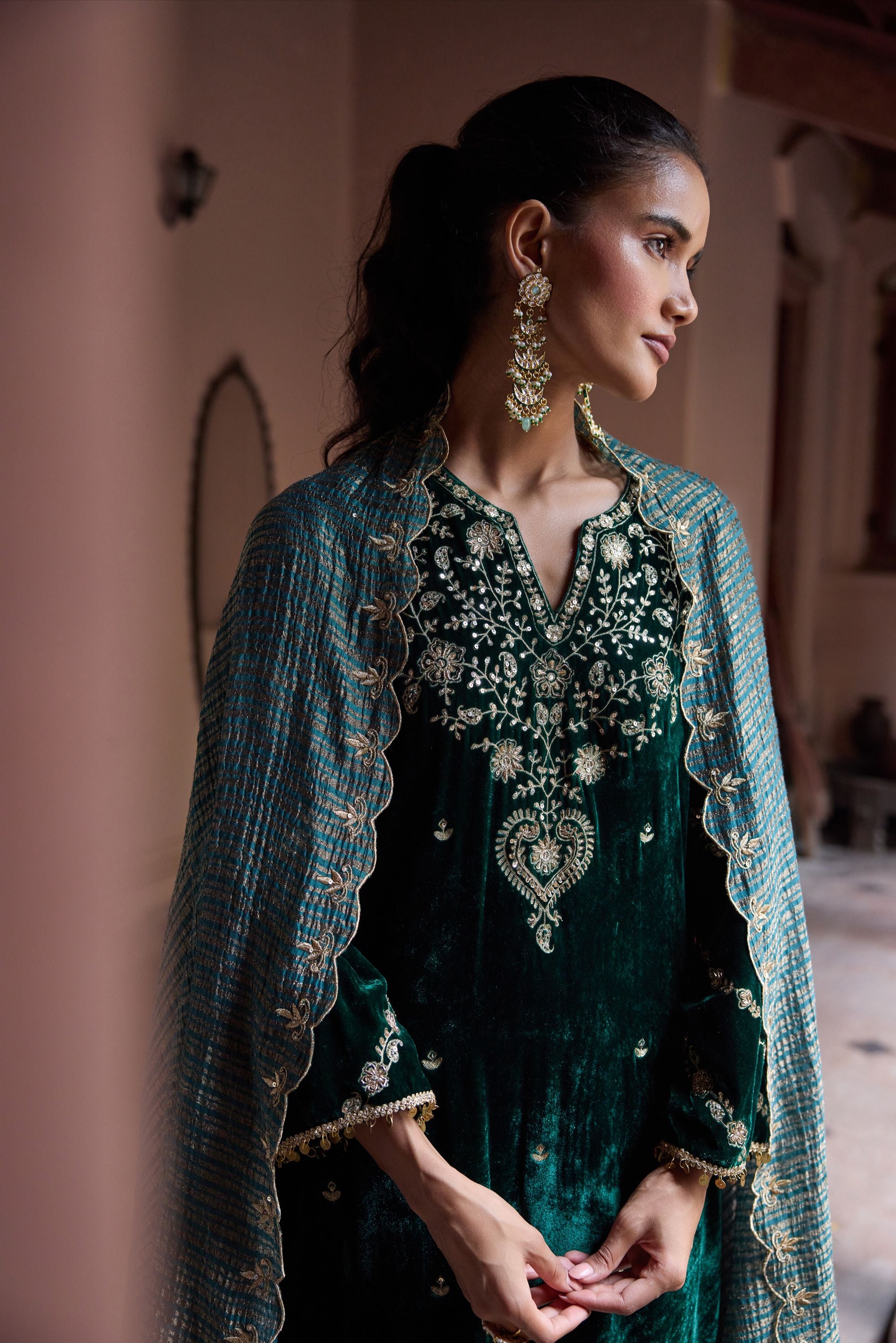 Mitali Wadhwa in Nayab Forest Green Embroidered Silk Velvet Handcrafted Kurta Set