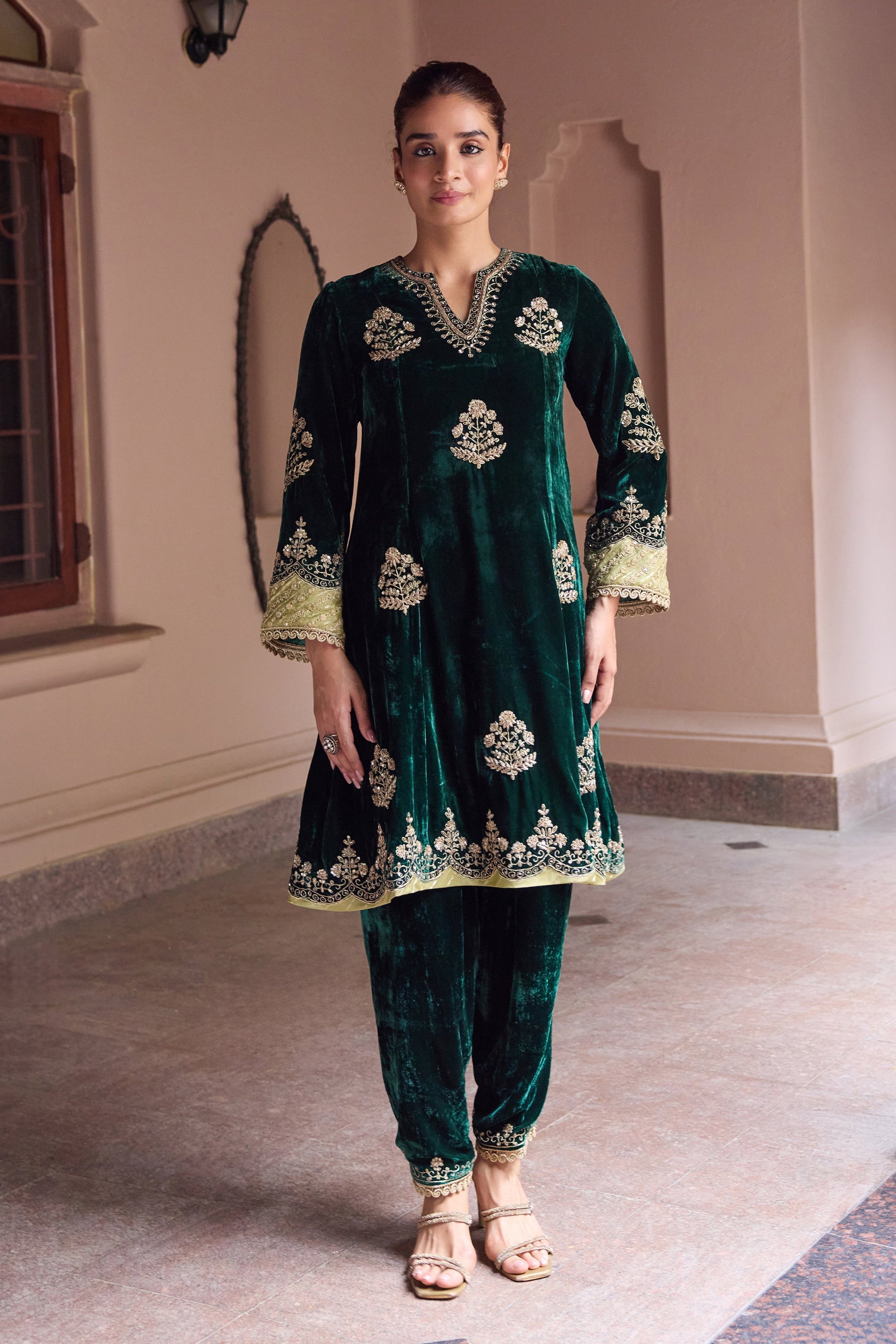 Dilruba Silk Velvet Embroidered Forest Green A-Line Kurta Set