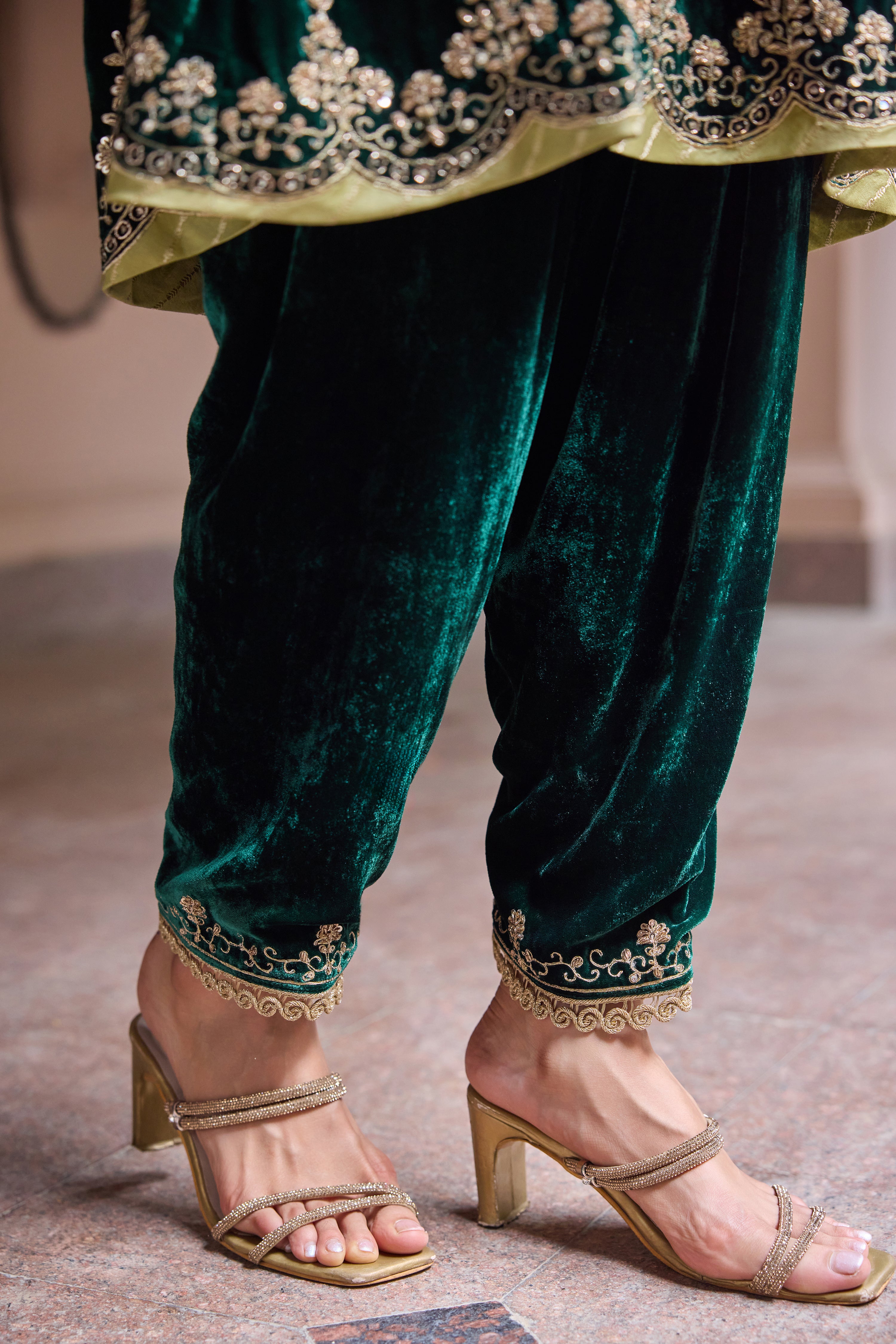 Dilruba Silk Velvet Embroidered Forest Green A-Line Kurta Set