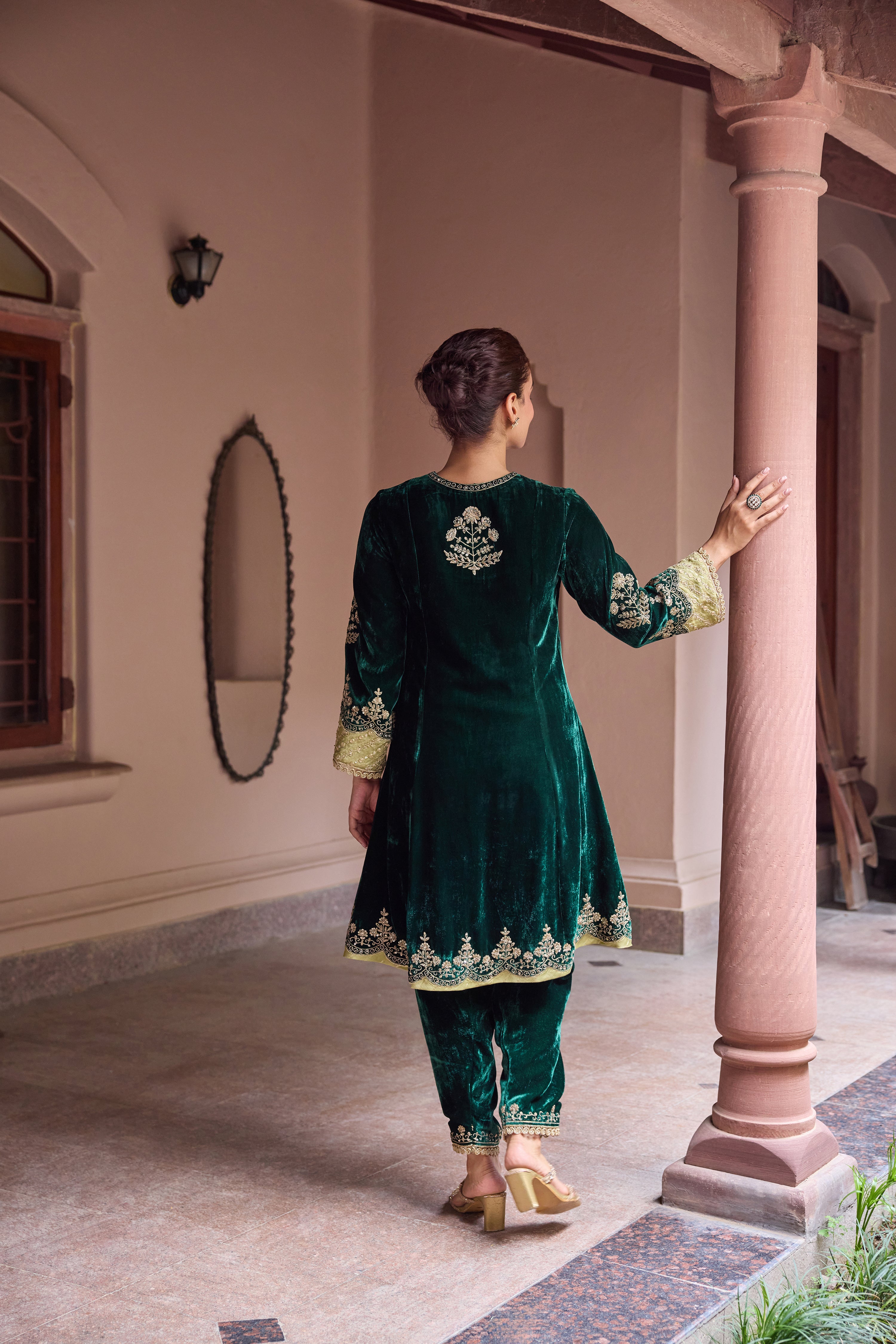 Dilruba Silk Velvet Embroidered Forest Green A-Line Kurta Set