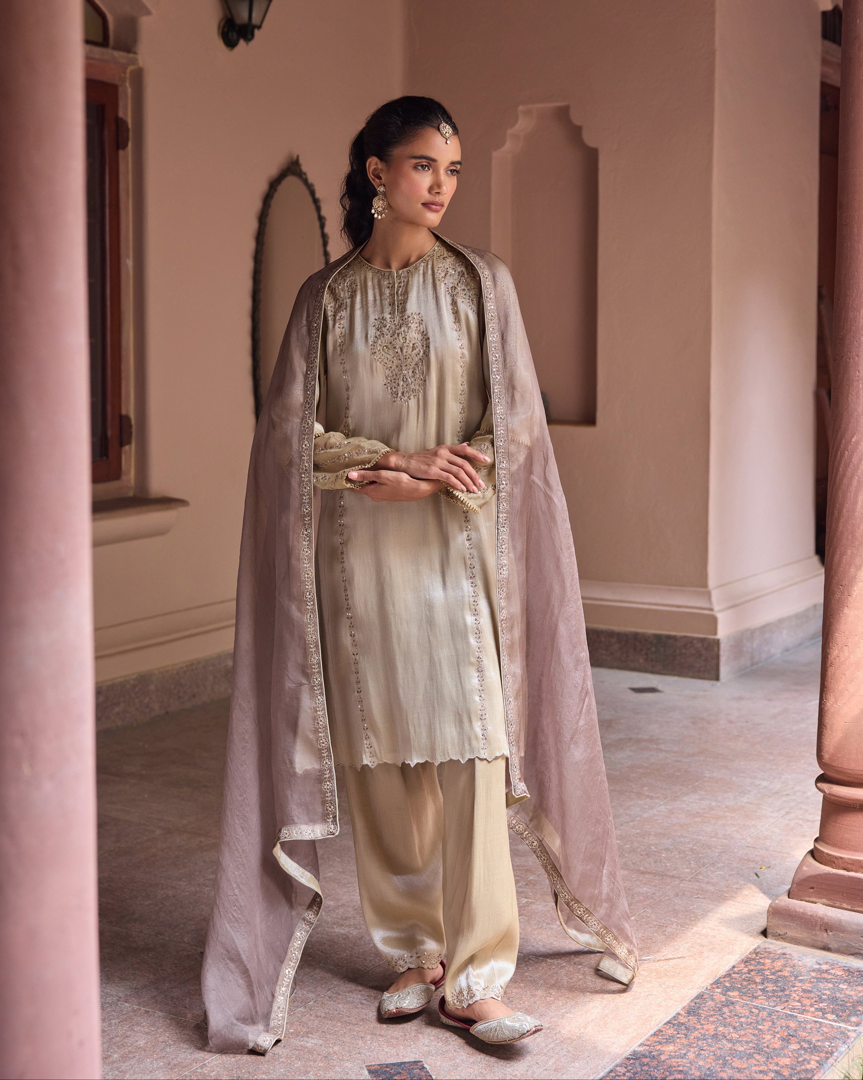 Nurah Tissue Embroidered Crystal Grey A-Line Kurta Set