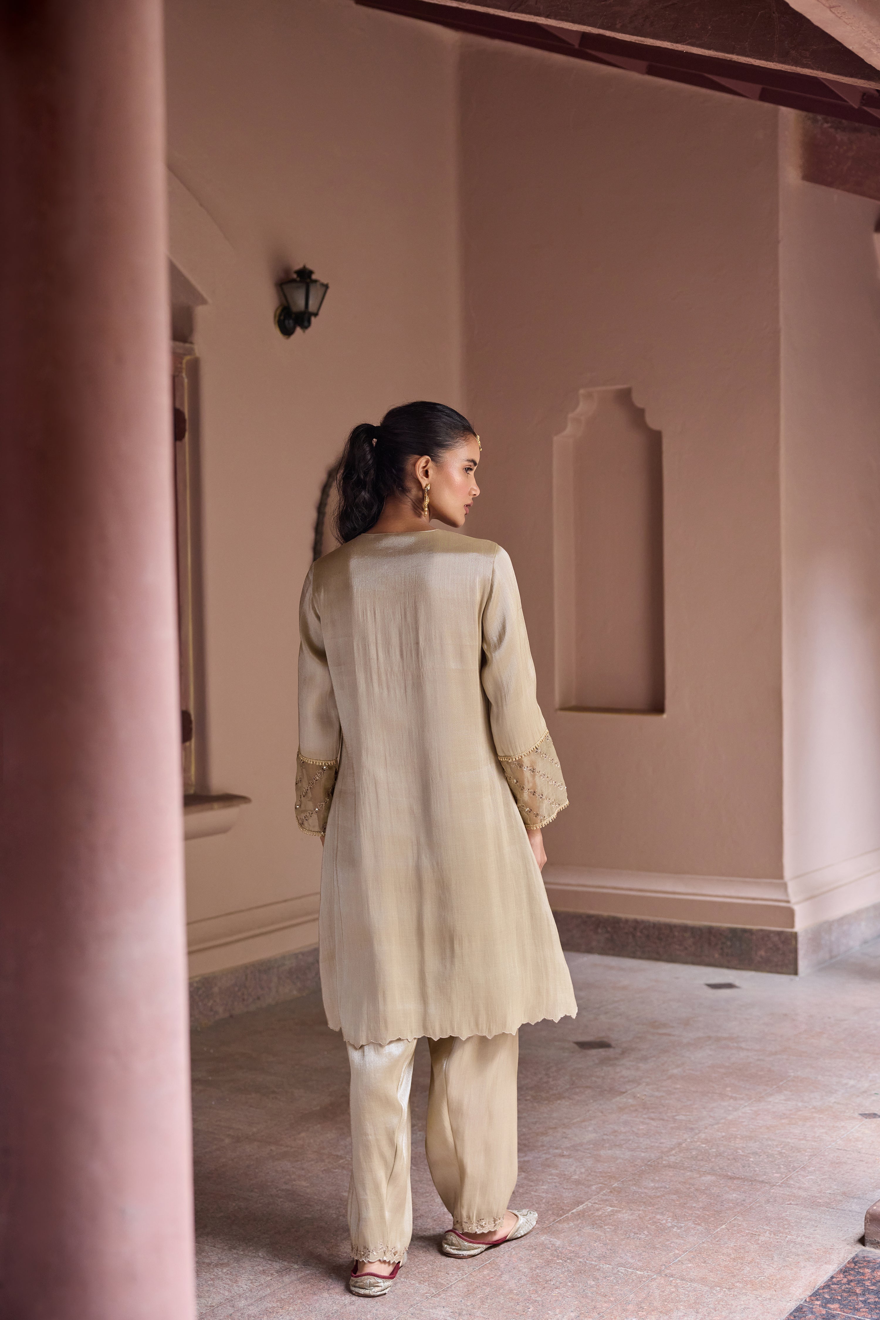 Nurah Tissue Embroidered Crystal Grey A-Line Kurta Set