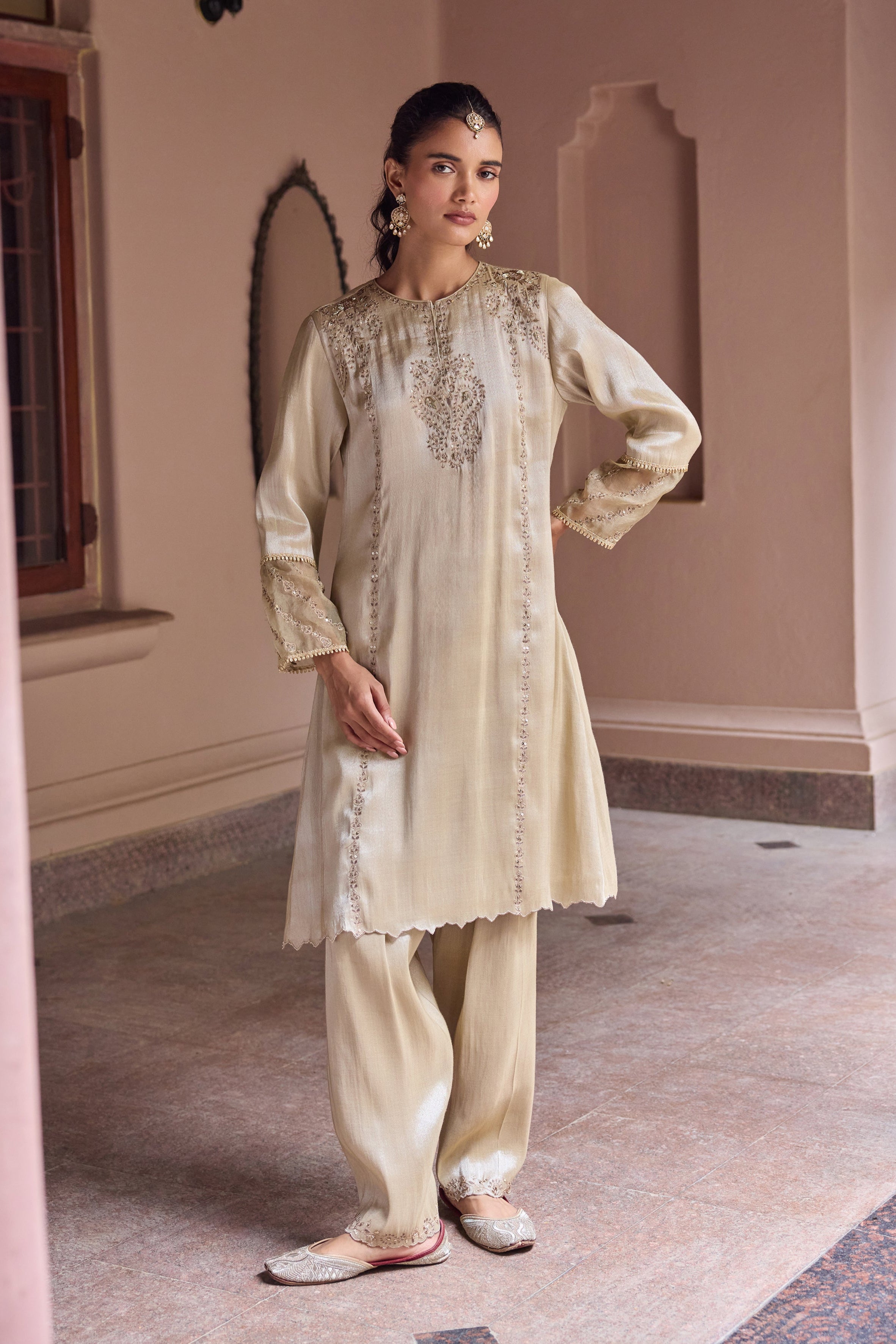 Nurah Tissue Embroidered Crystal Grey A-Line Kurta Set