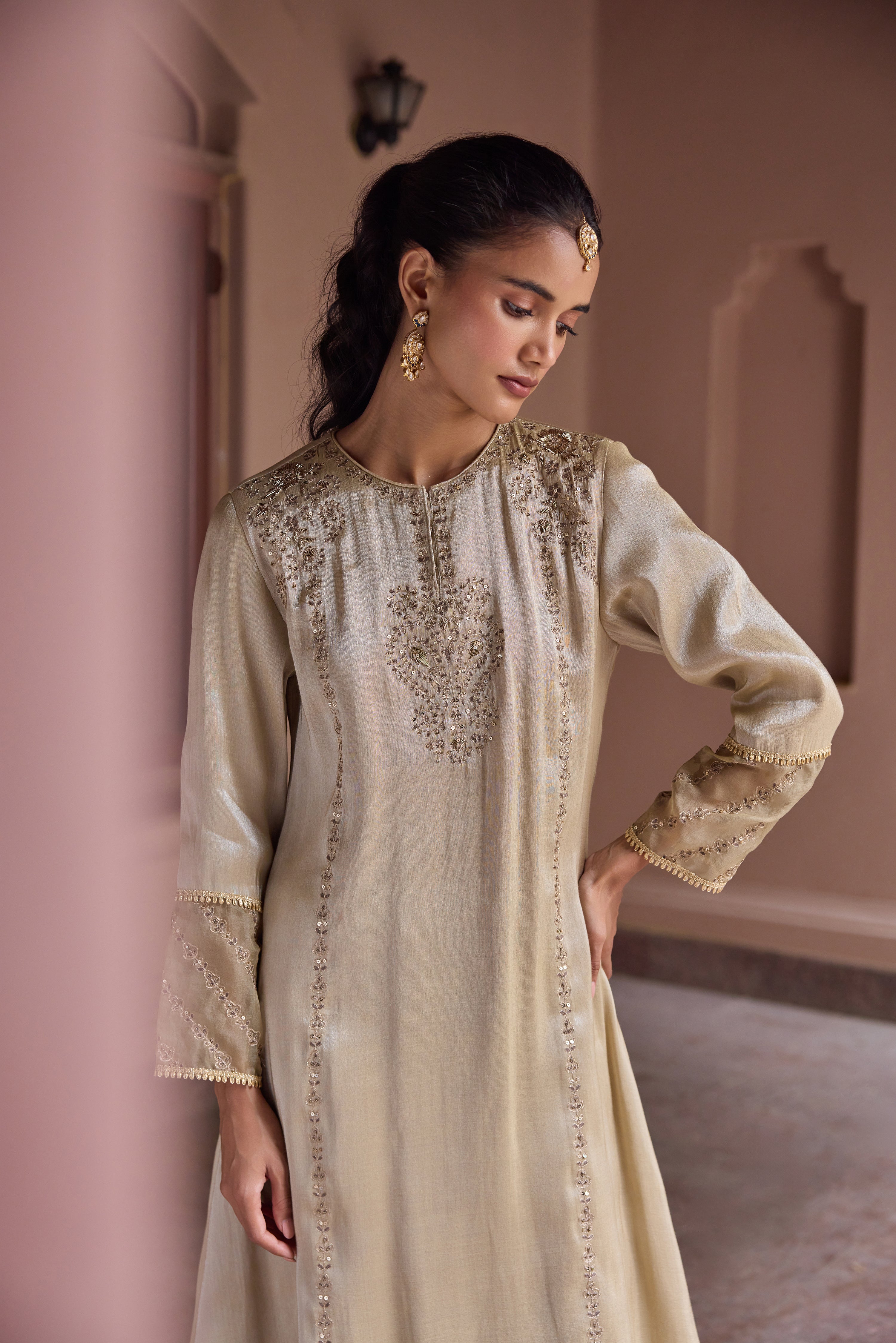 Nurah Tissue Embroidered Crystal Grey A-Line Kurta Set