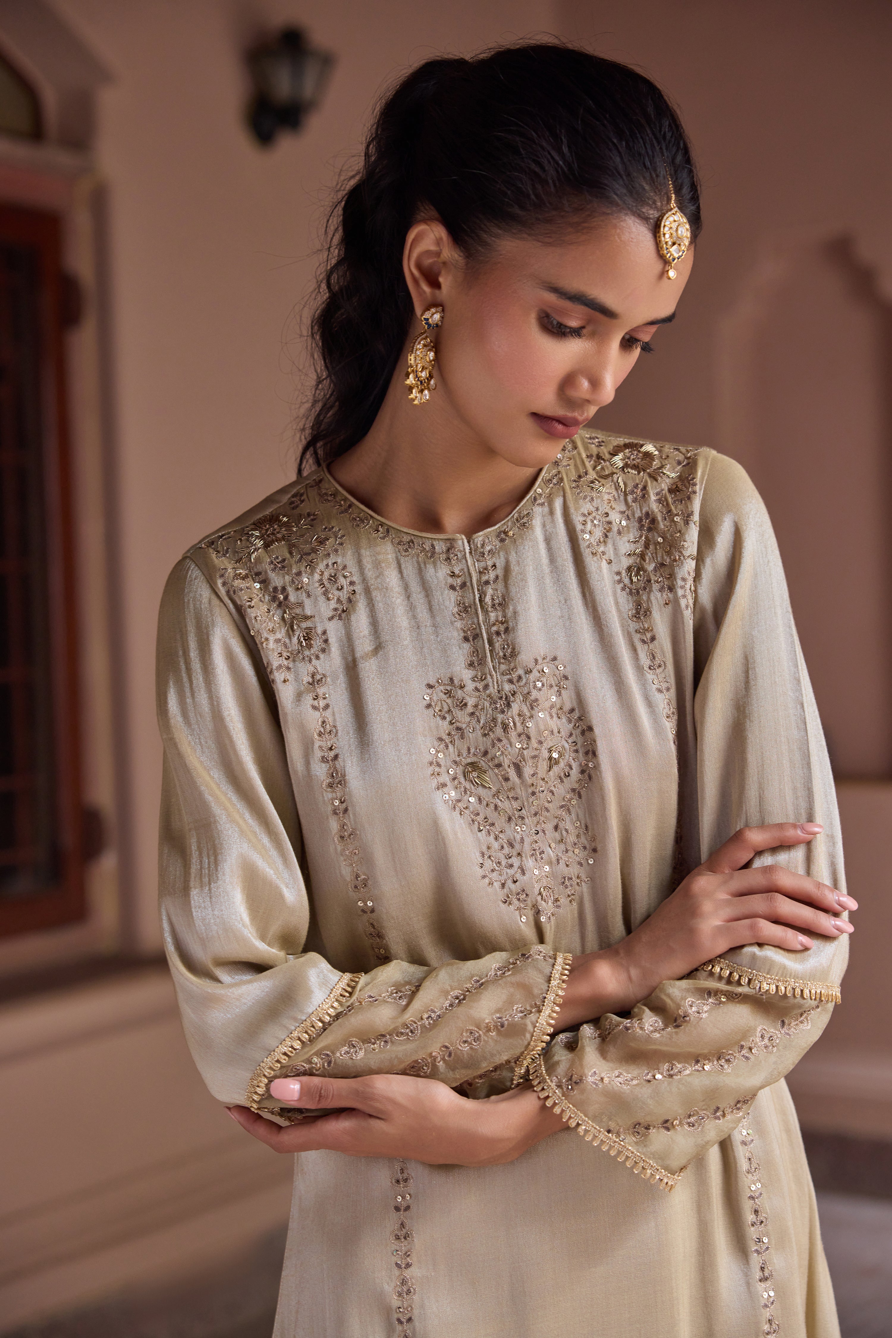 Nurah Tissue Embroidered Crystal Grey A-Line Kurta Set