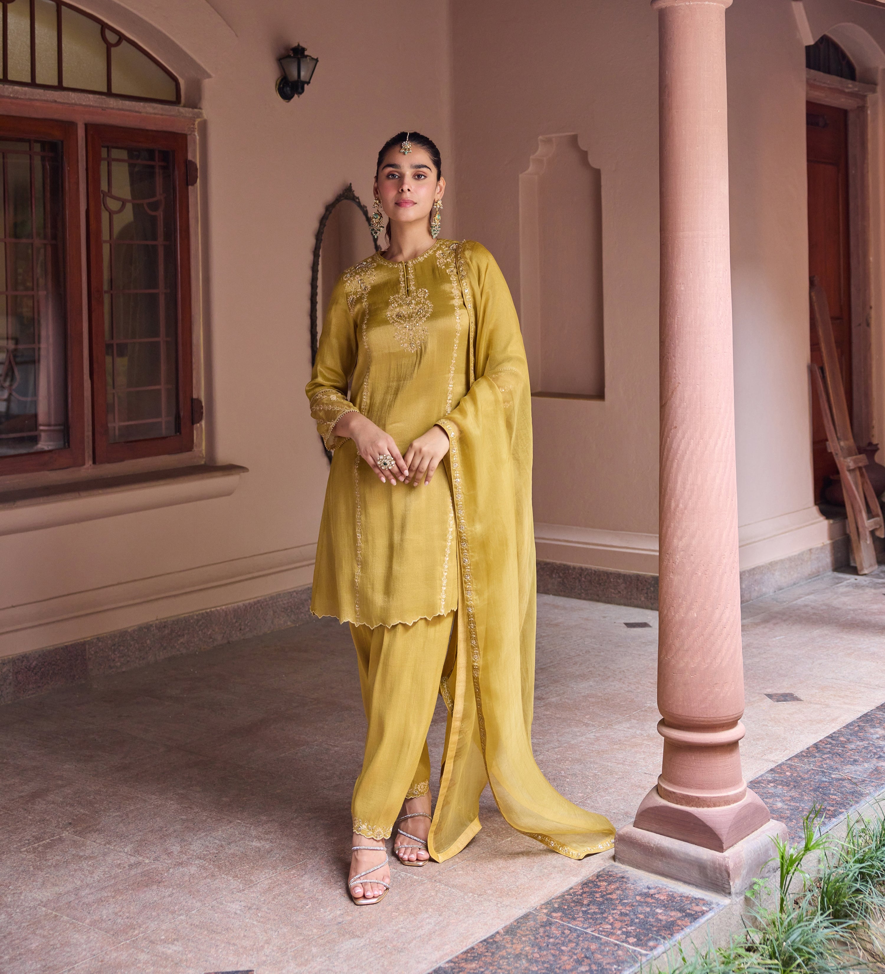 Nurah Tissue Embroidered Mustard A-Line Kurta Set (Ready To Ship)