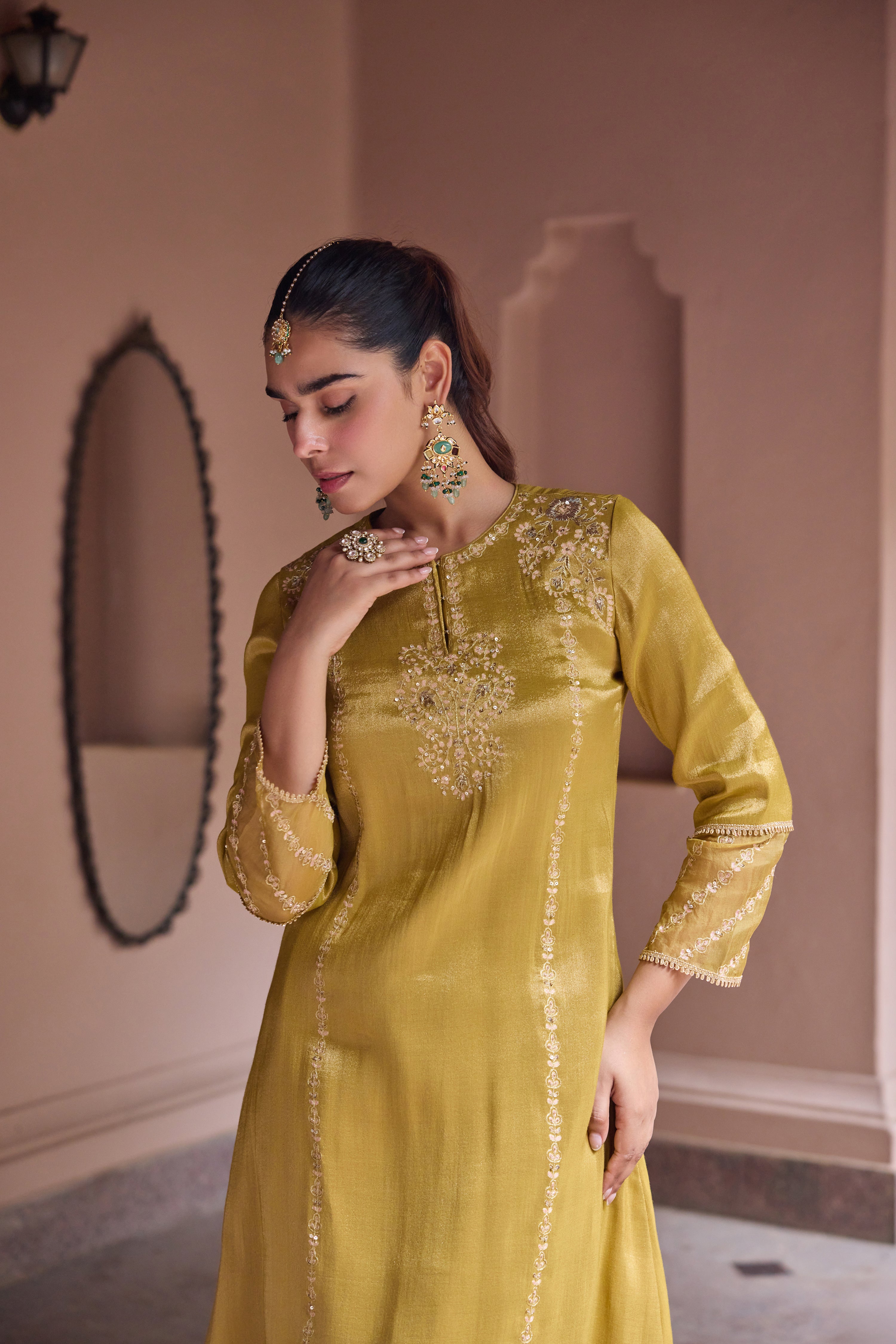 Nurah Tissue Embroidered Mustard A-Line Kurta Set