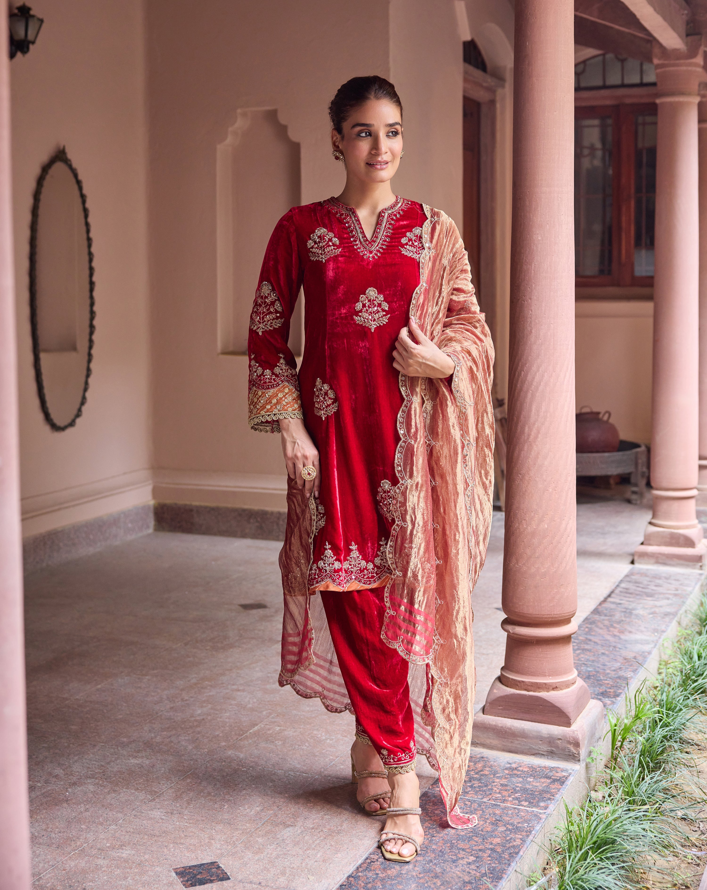 Dilruba Silk Velvet Embroidered Cherry Red A-Line Kurta Set