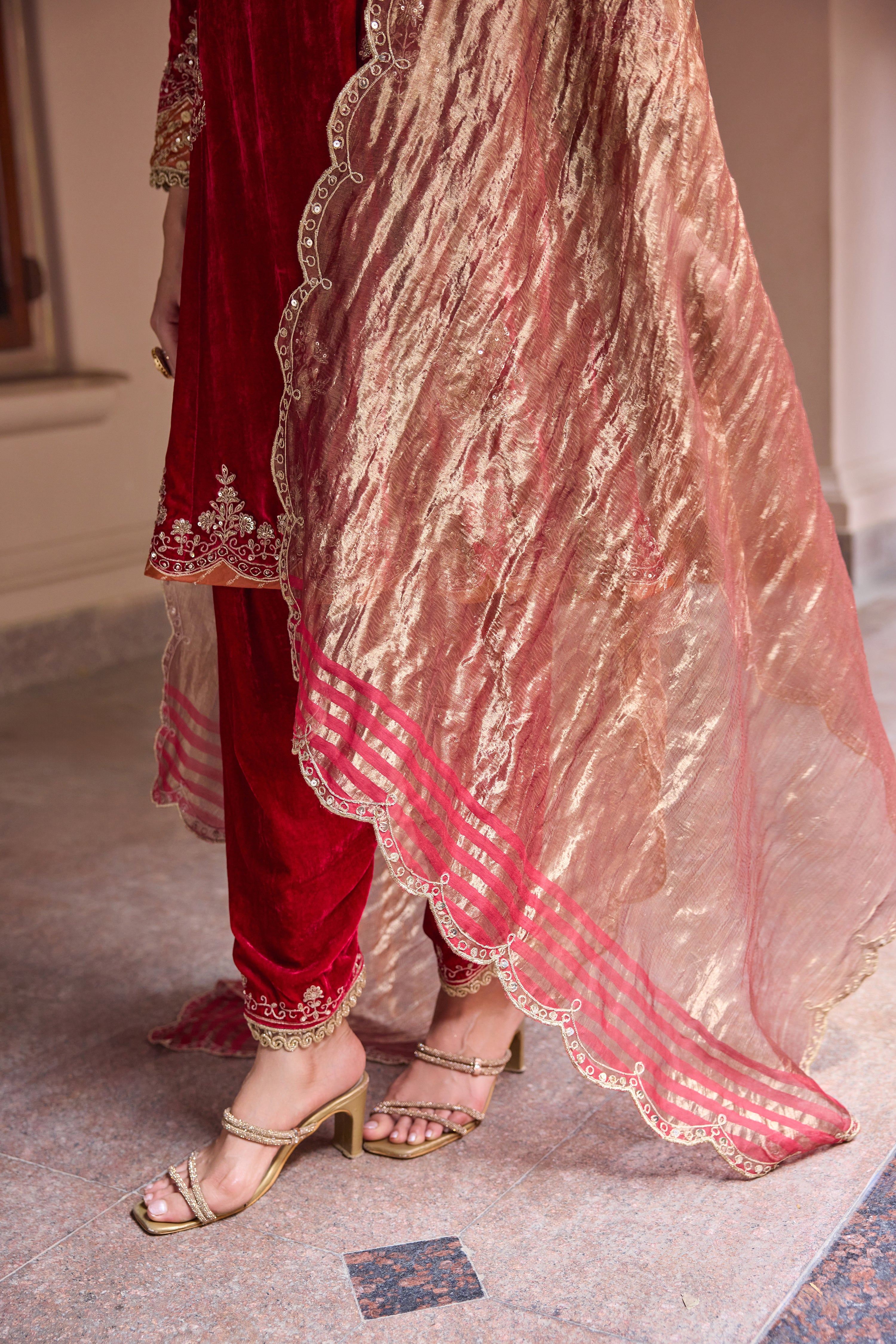 Dilruba Silk Velvet Embroidered Cherry Red A-Line Kurta Set