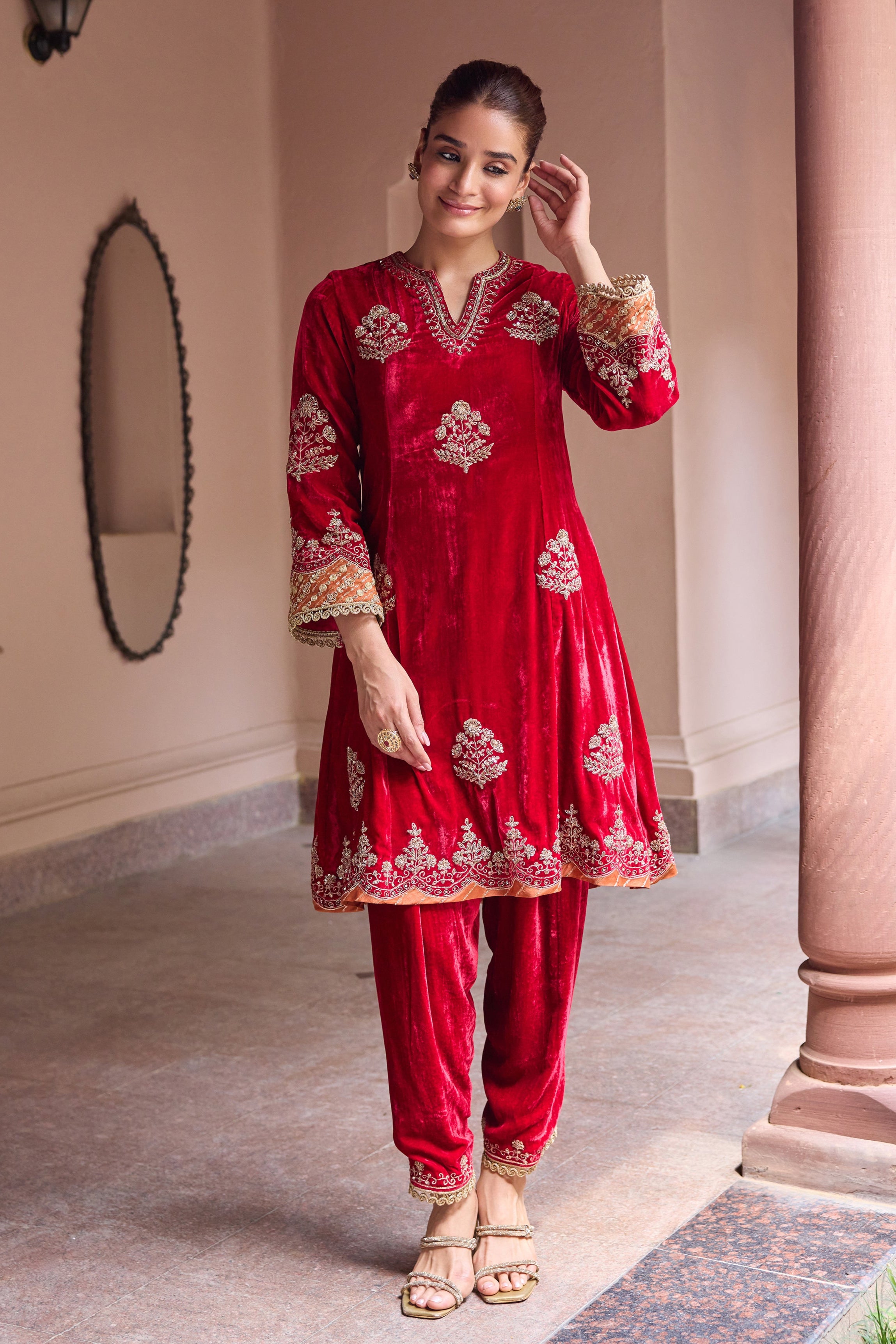 Dilruba Silk Velvet Embroidered Cherry Red A-Line Kurta Set