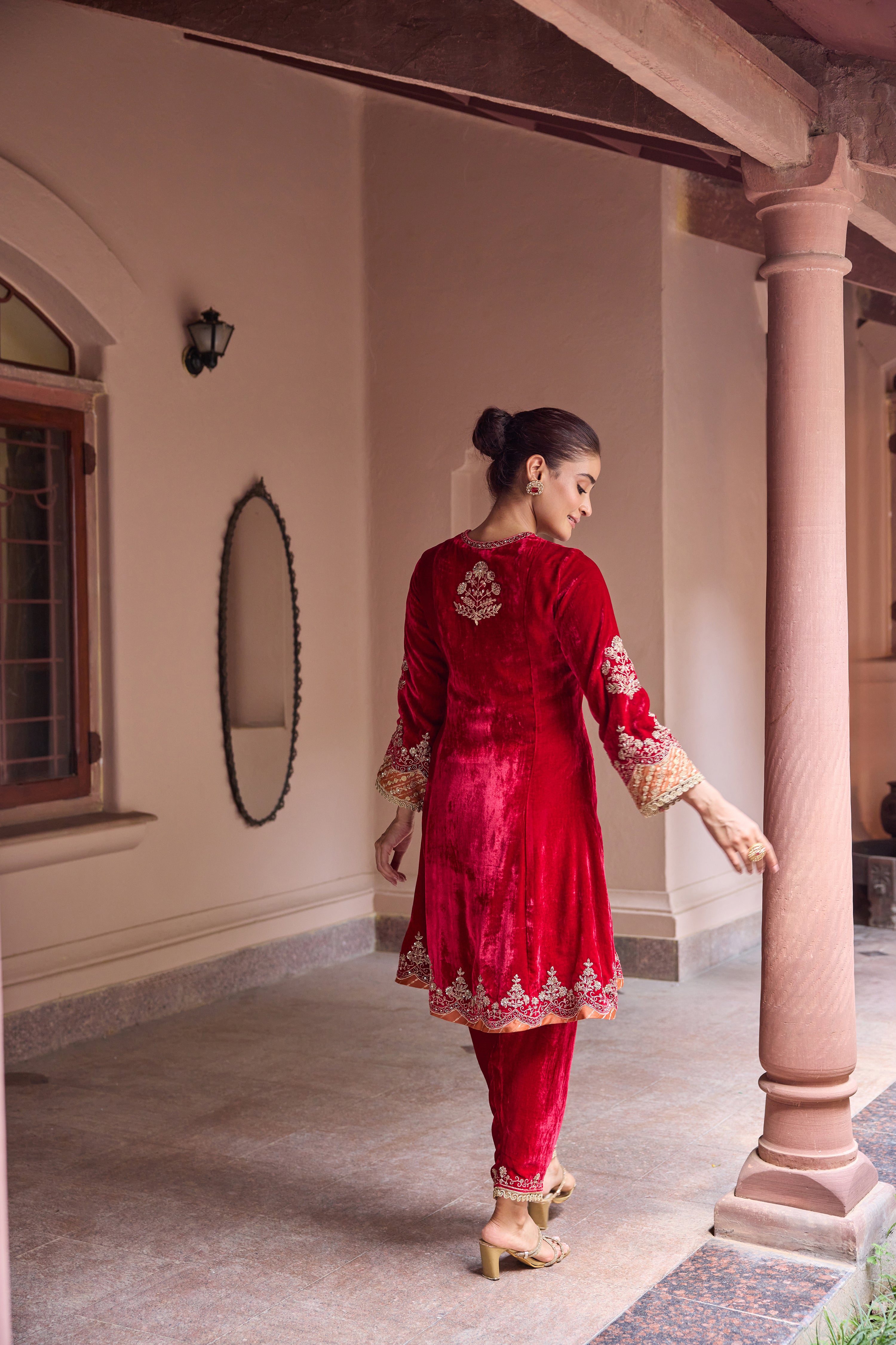 Dilruba Silk Velvet Embroidered Cherry Red A-Line Kurta Set