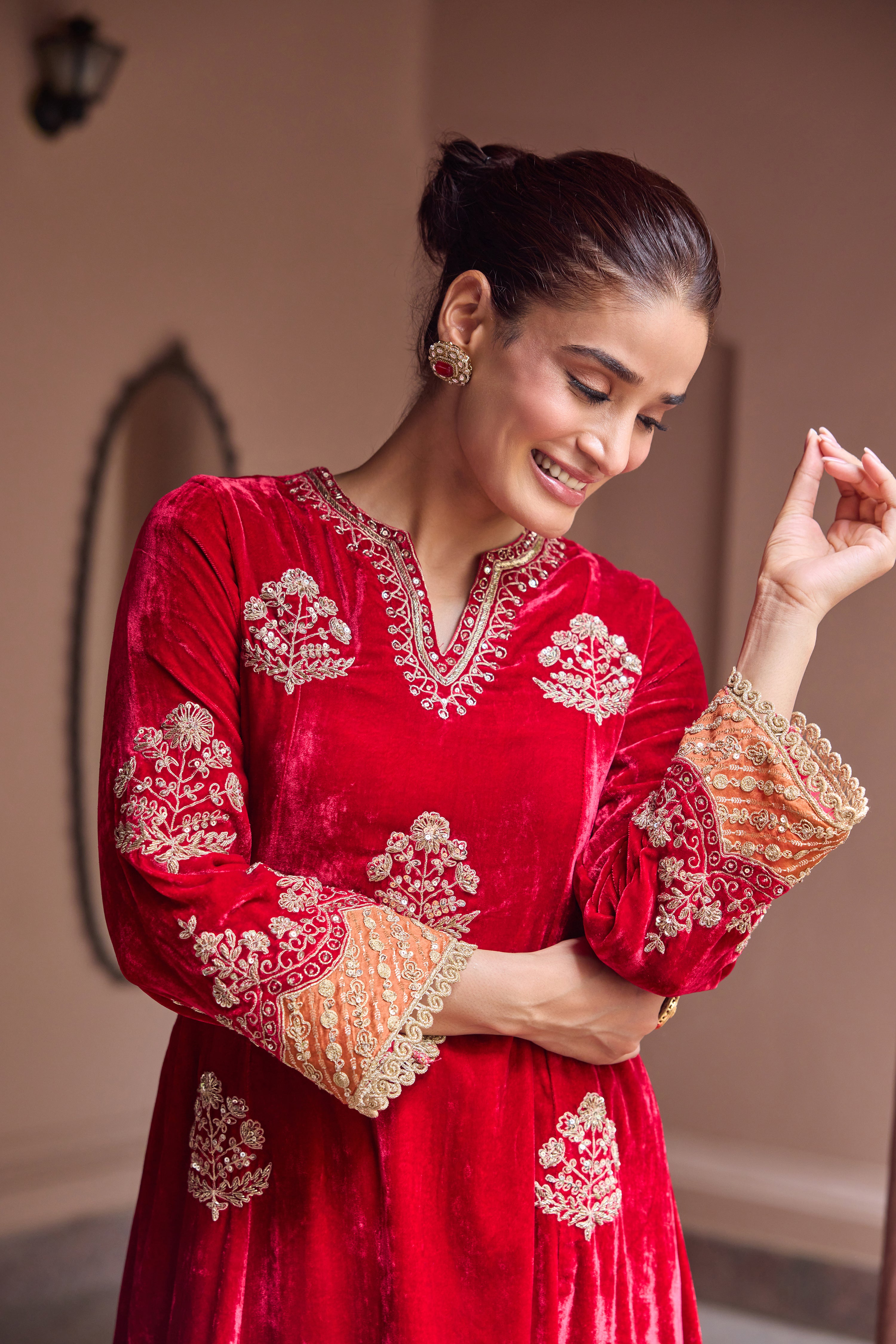 Dilruba Silk Velvet Embroidered Cherry Red A-Line Kurta Set