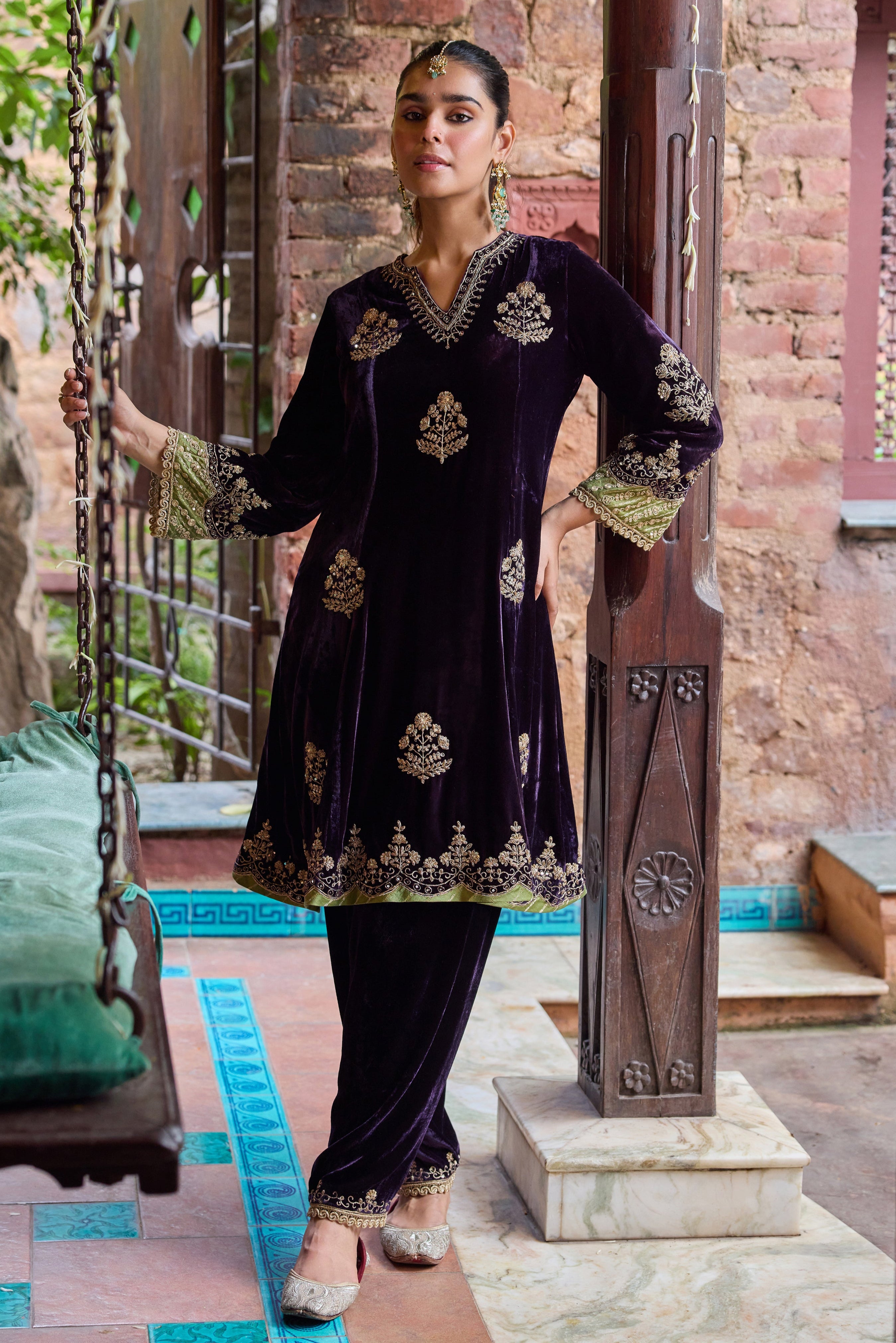 Dilruba Silk Velvet Embroidered Purple A-Line Kurta Set