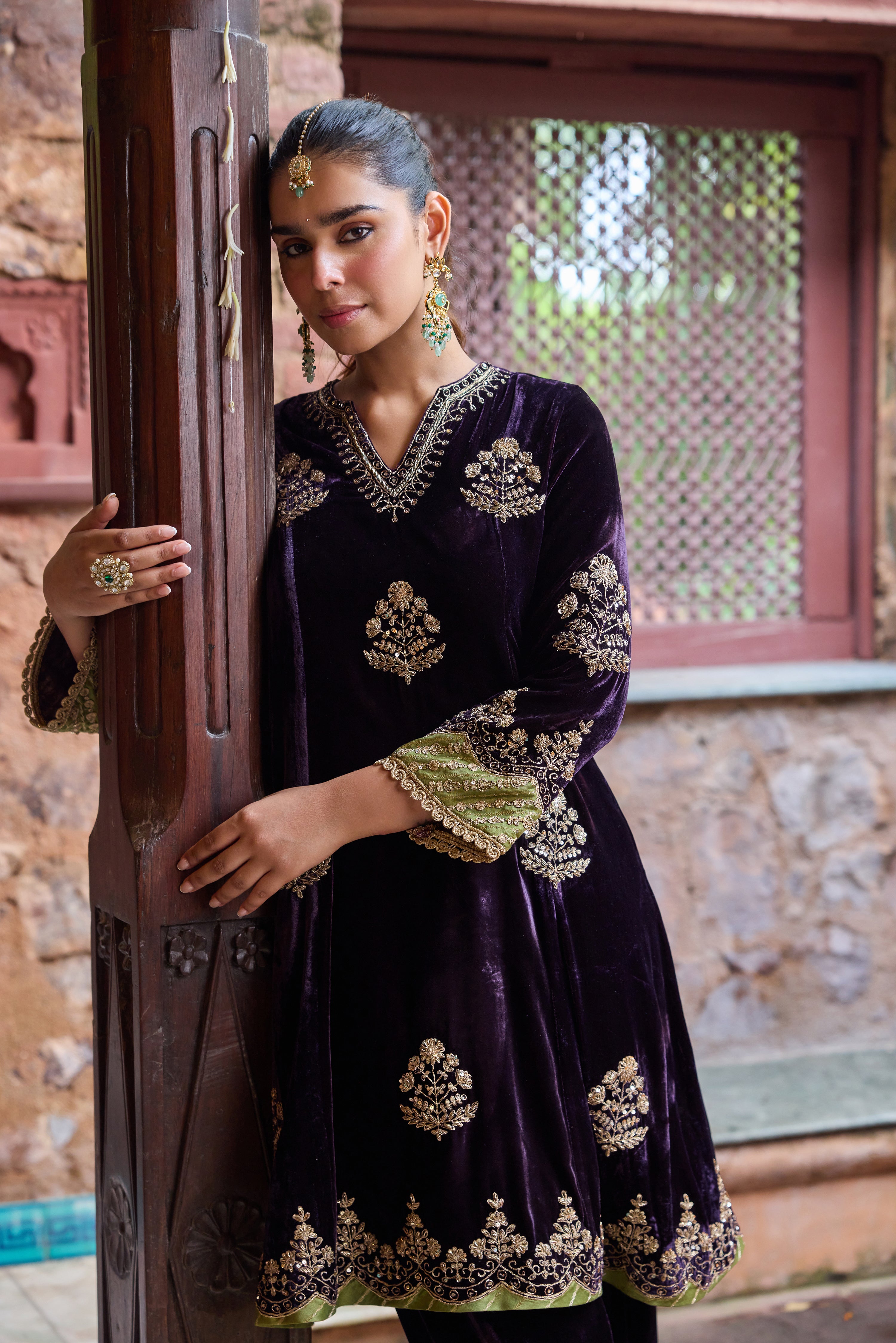 Dilruba Silk Velvet Embroidered Purple A-Line Kurta Set