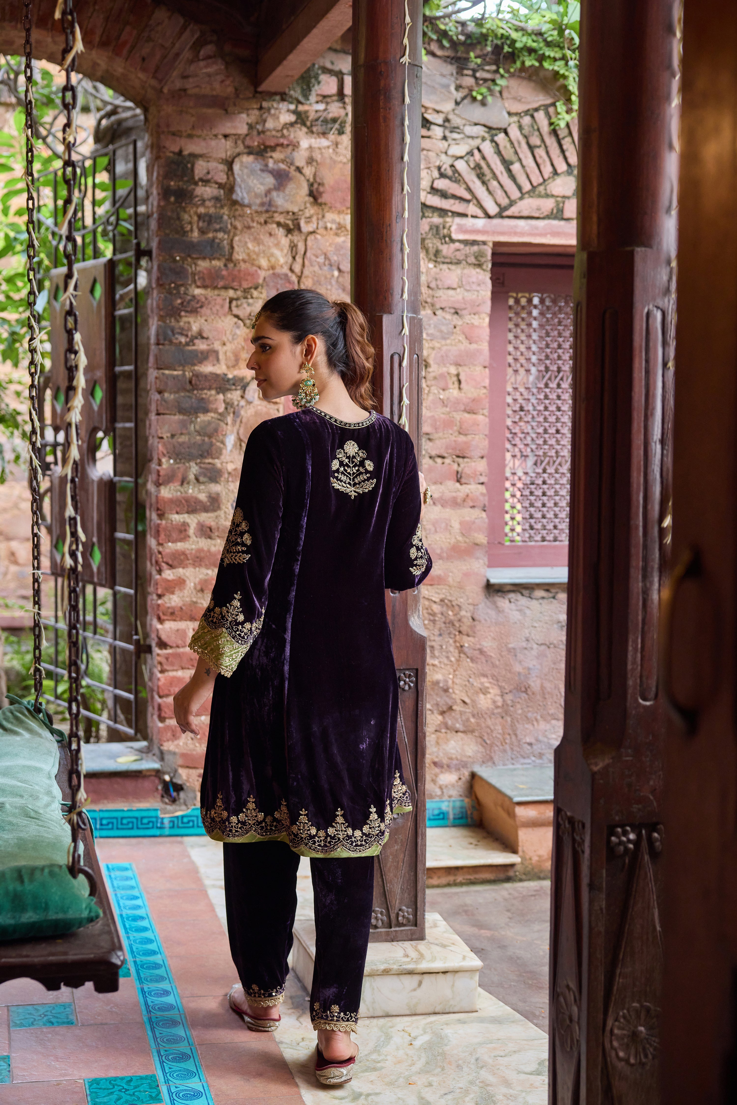 Dilruba Silk Velvet Embroidered Purple A-Line Kurta Set