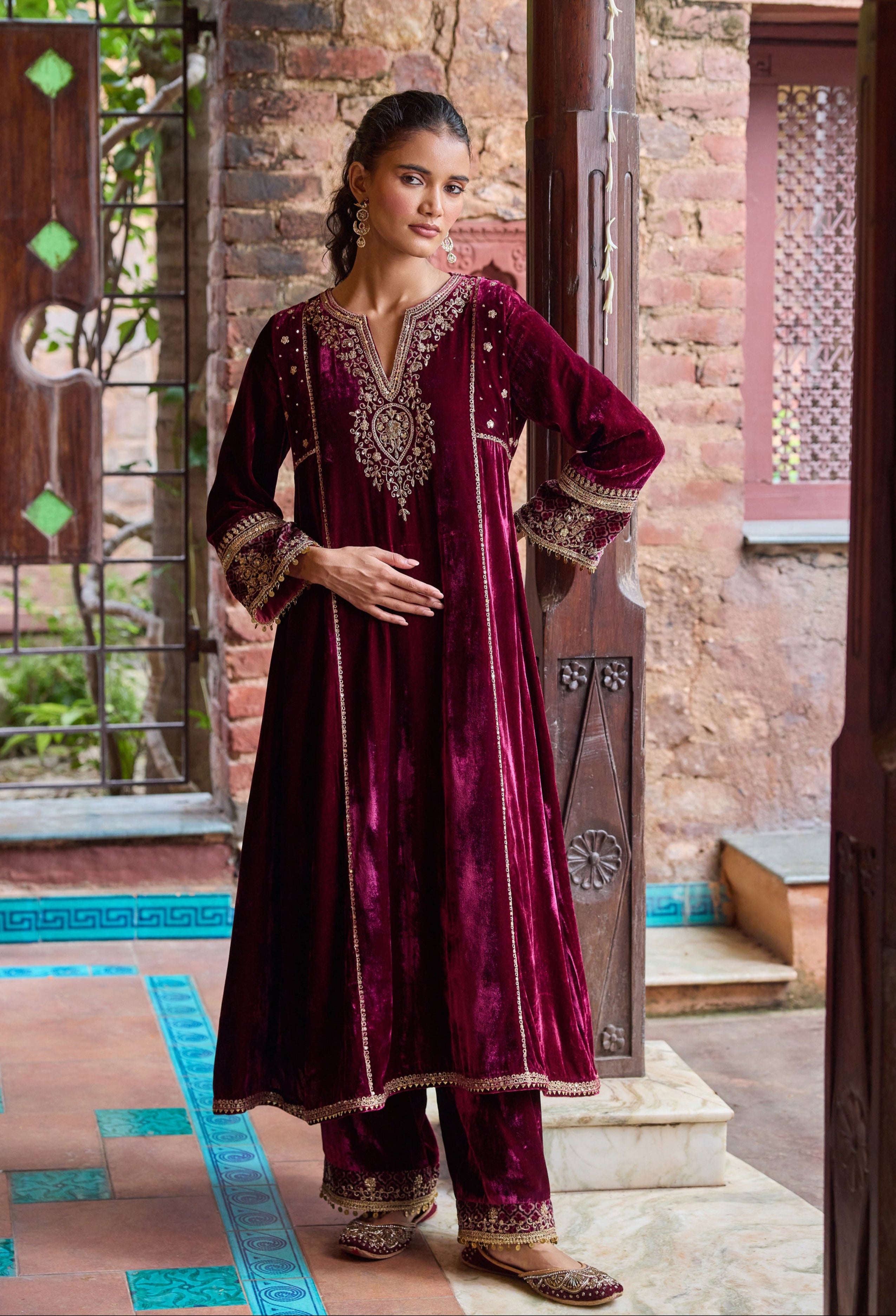 Ziyana Plum Embroidered Silk Velvet A-Line Kurta Set